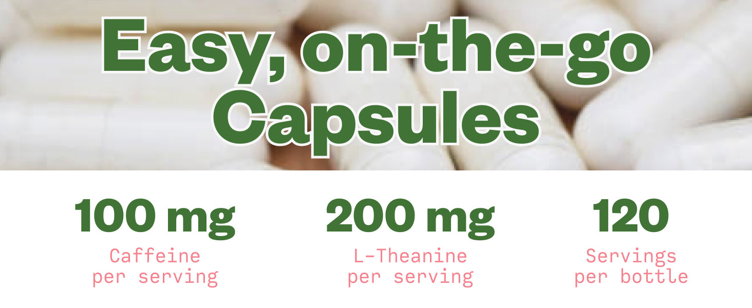Purisure Caffeine Theanine Capsules, 100mg Caffeine + 200mg L-Theanine, 120 Days
