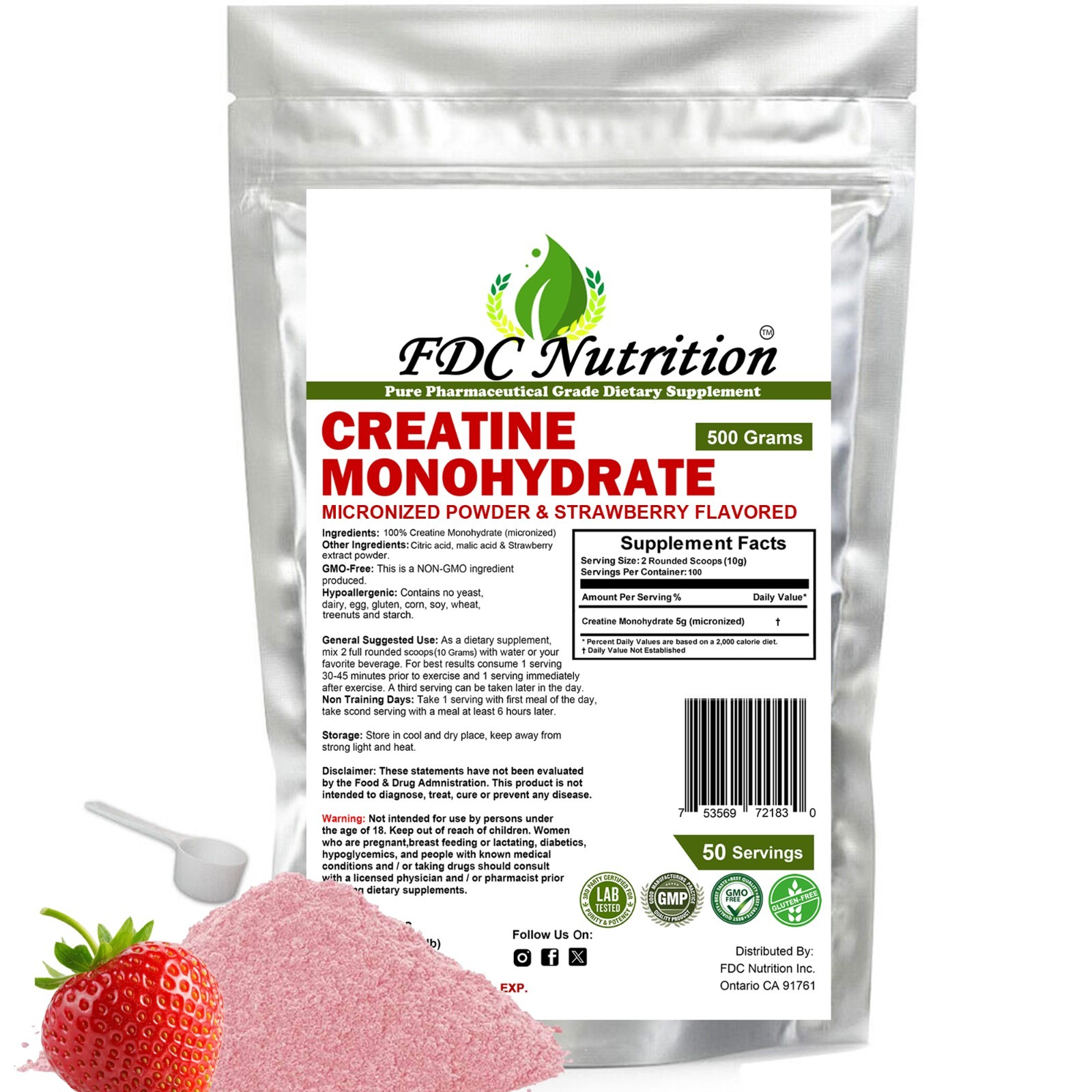 Creatine Monohydrate 500g (18OZ) , Micronized Powder Strawberry Flavored By FDC
