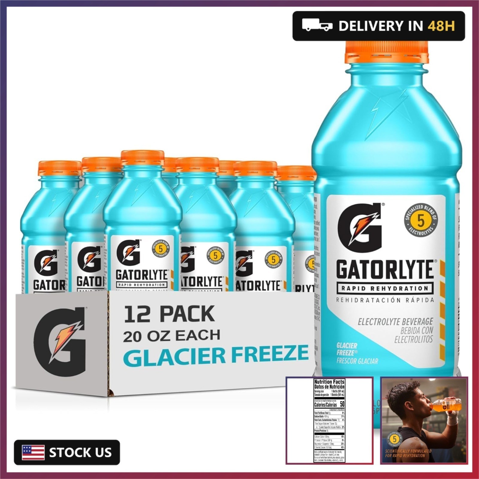 Rapid Rehydration Electrolyte Drink, Glacier Freeze, 20 fl oz Bottles (12 Pack),