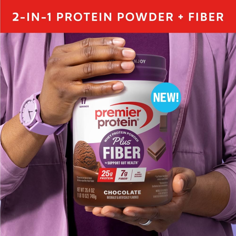 Premier Protein Powder Plus Fiber, Chocolate, 25g Protein, 7g Fiber to Suppor…