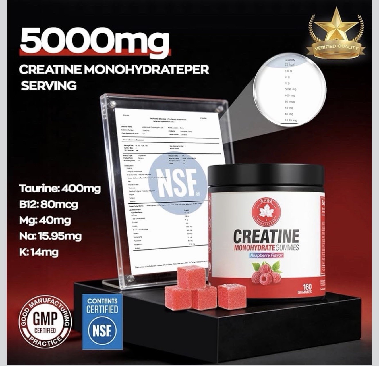 Gabe Sunnybears Creatine Monohydrate Gummies Raspberry 160 ct 5000mg NSF