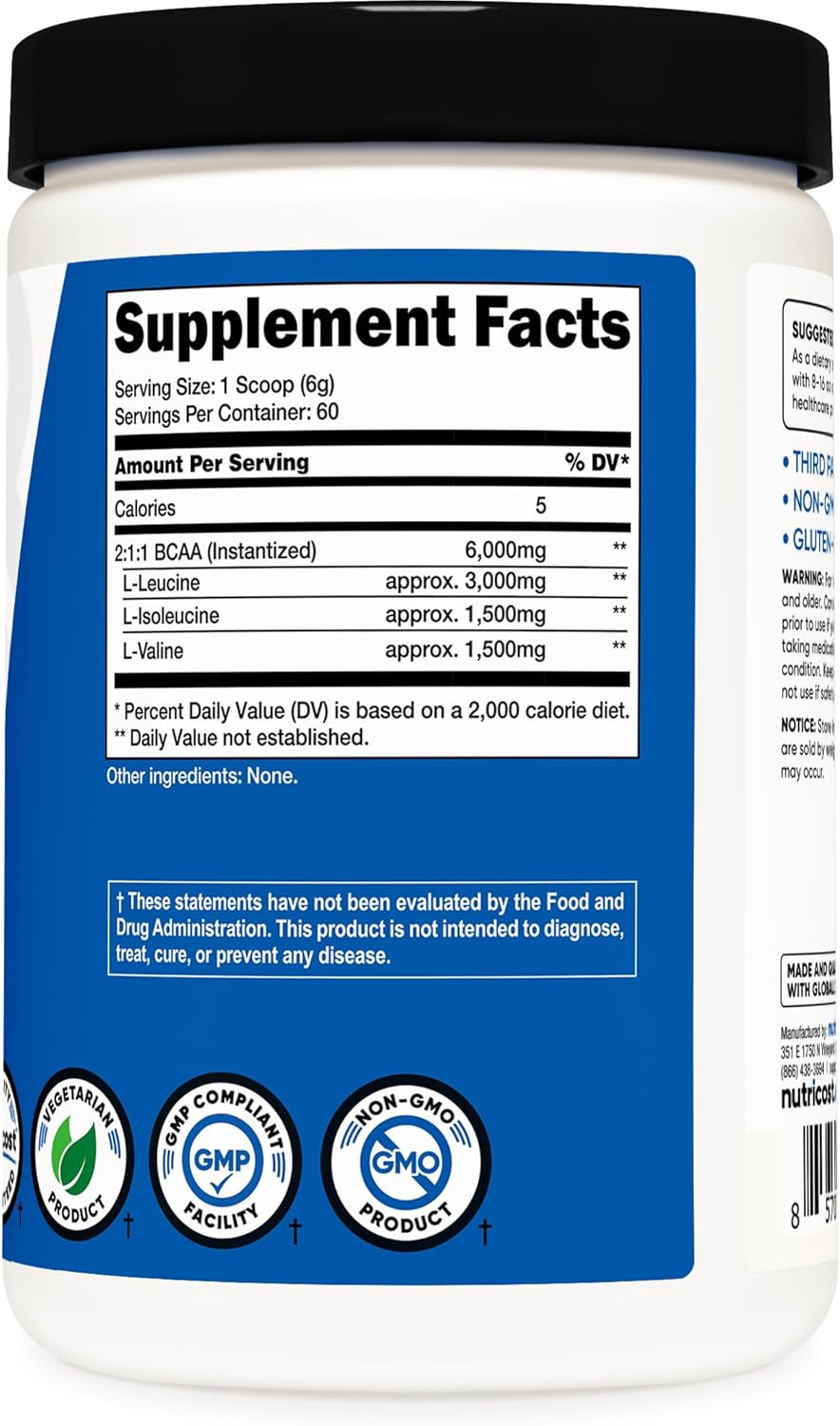 BCAA Powder 2:1:1 (Unflavored, 60 Servings) – Vegetarian, Non-Gmo, Gluten Fre…