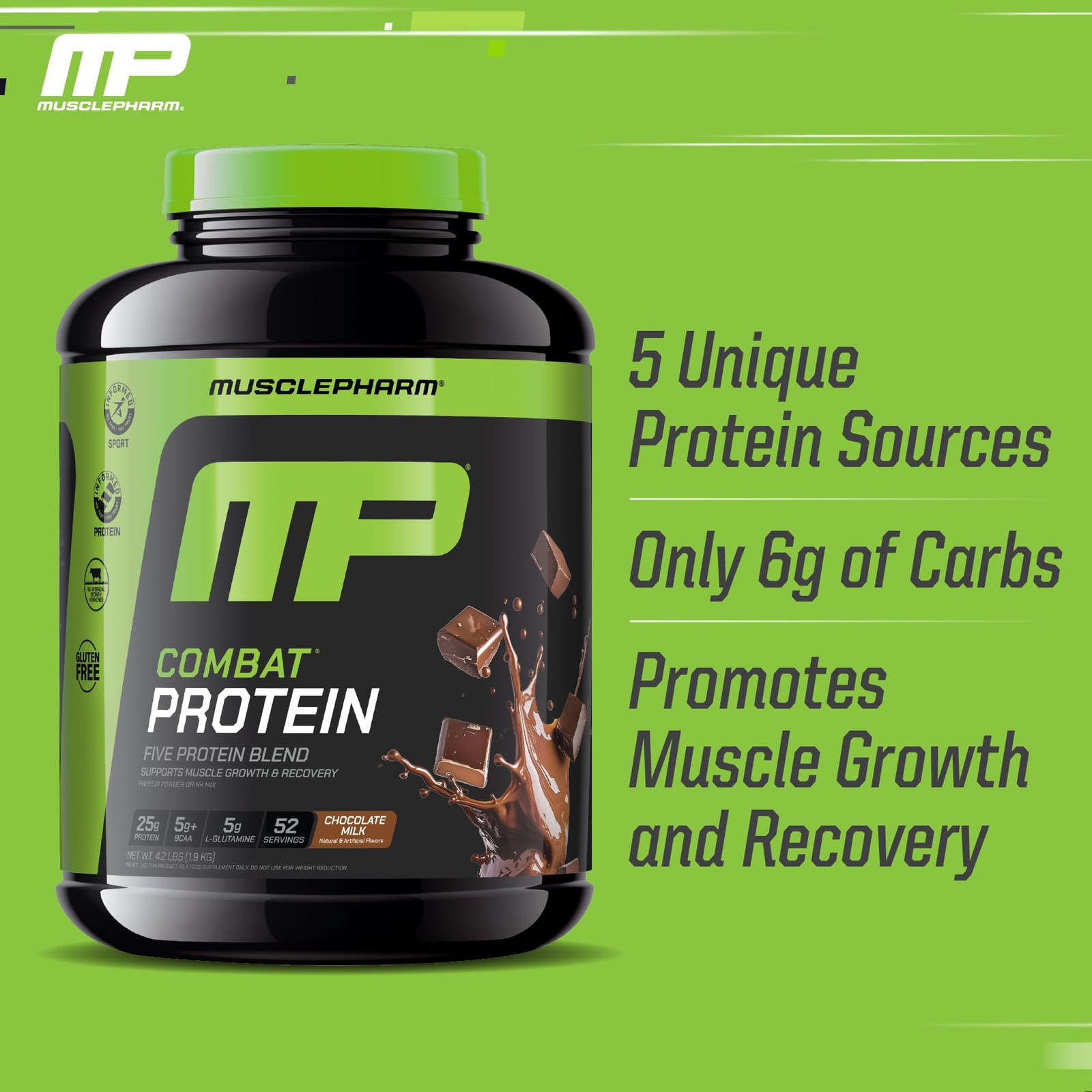 Musclepharm Combat Protein Powder, Chocolate Milk – 4 Lb – Sin Gluten – 52 Po…