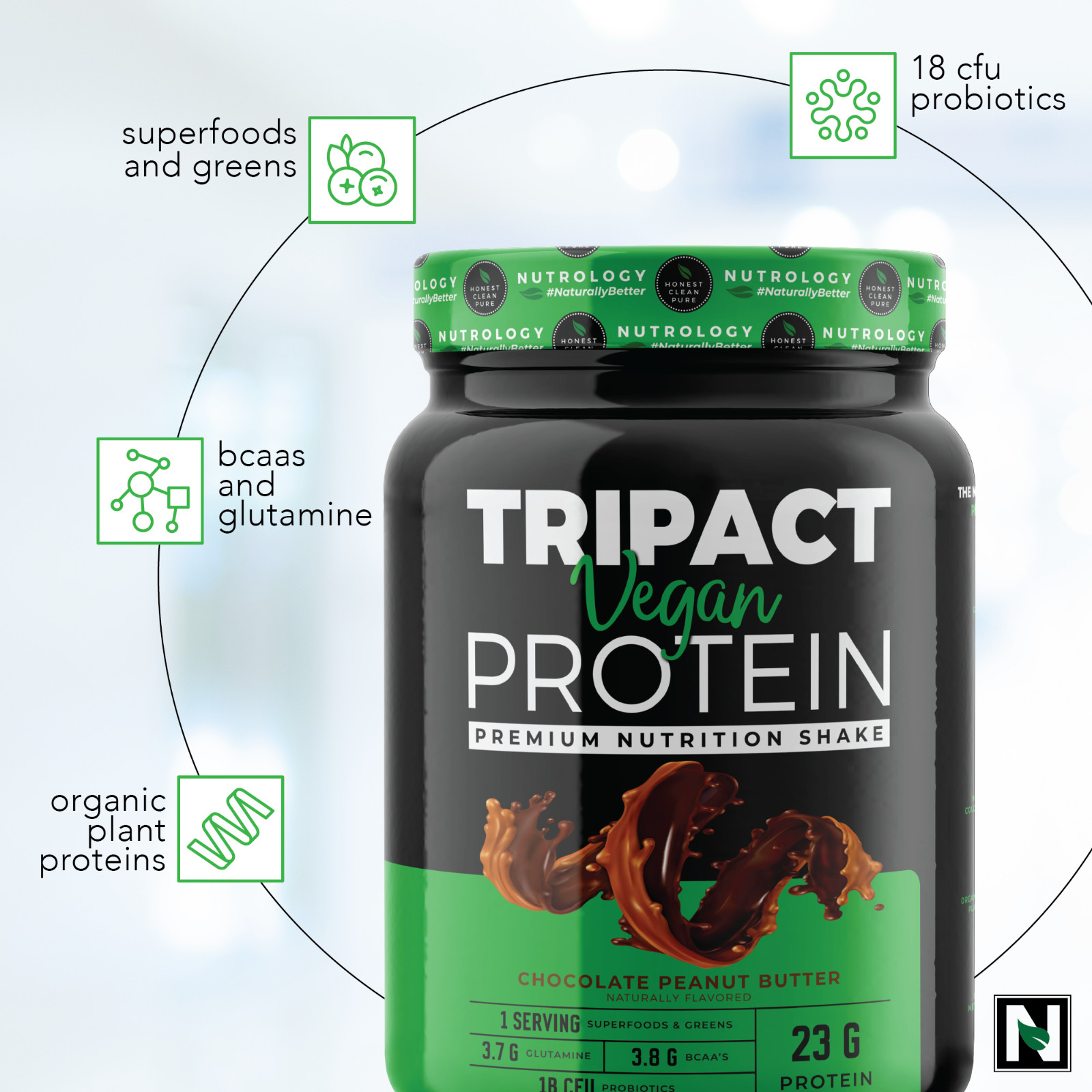 Tripact Vegan Protein–Non-GMO–Organic Plant Proteins – Chocolate Peanut Butter
