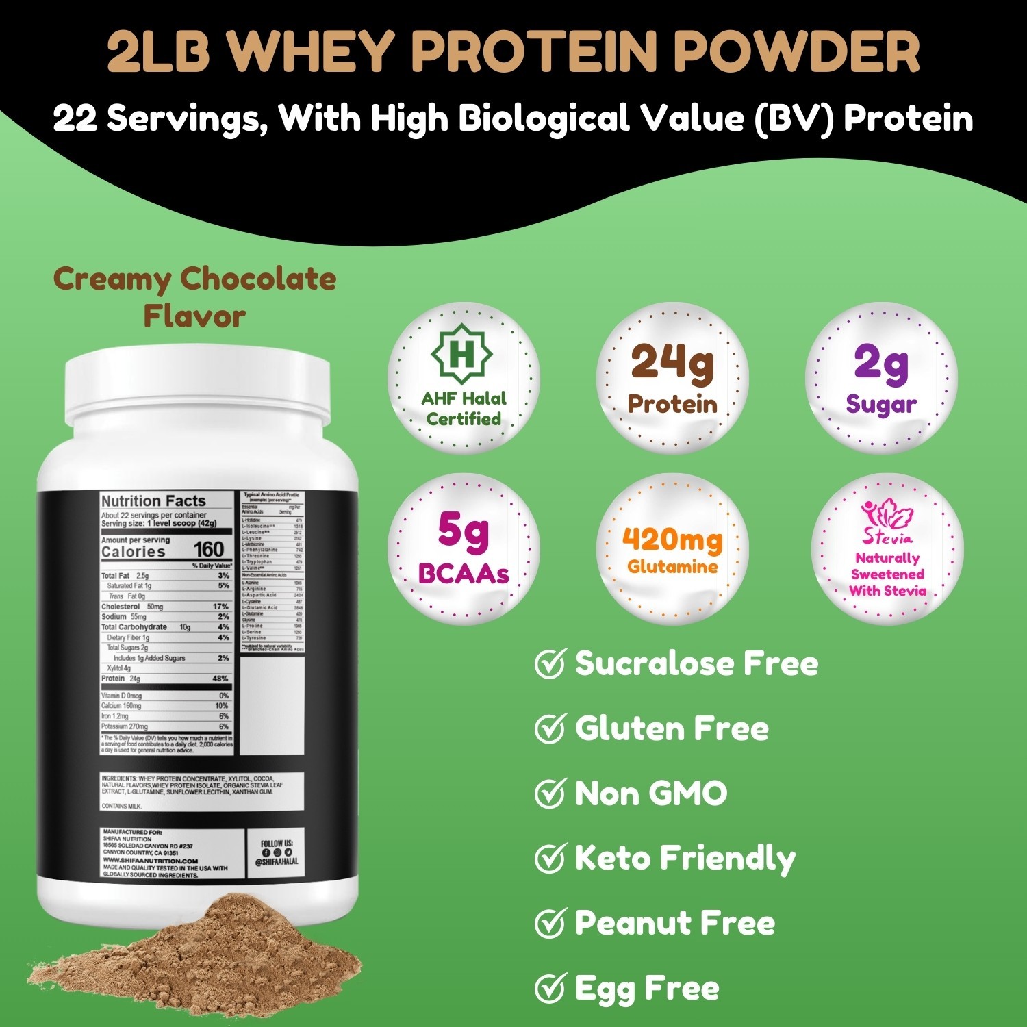 Delicious Creamy Chocolate Halal Whey Protein Powder 2Lbs | By SHIFAA NUTRTION