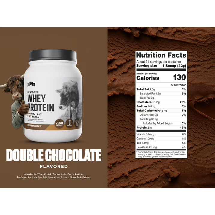 Levels Grass Fed Whey Protein Powder, No Artificials, Protein,Double Chocolate