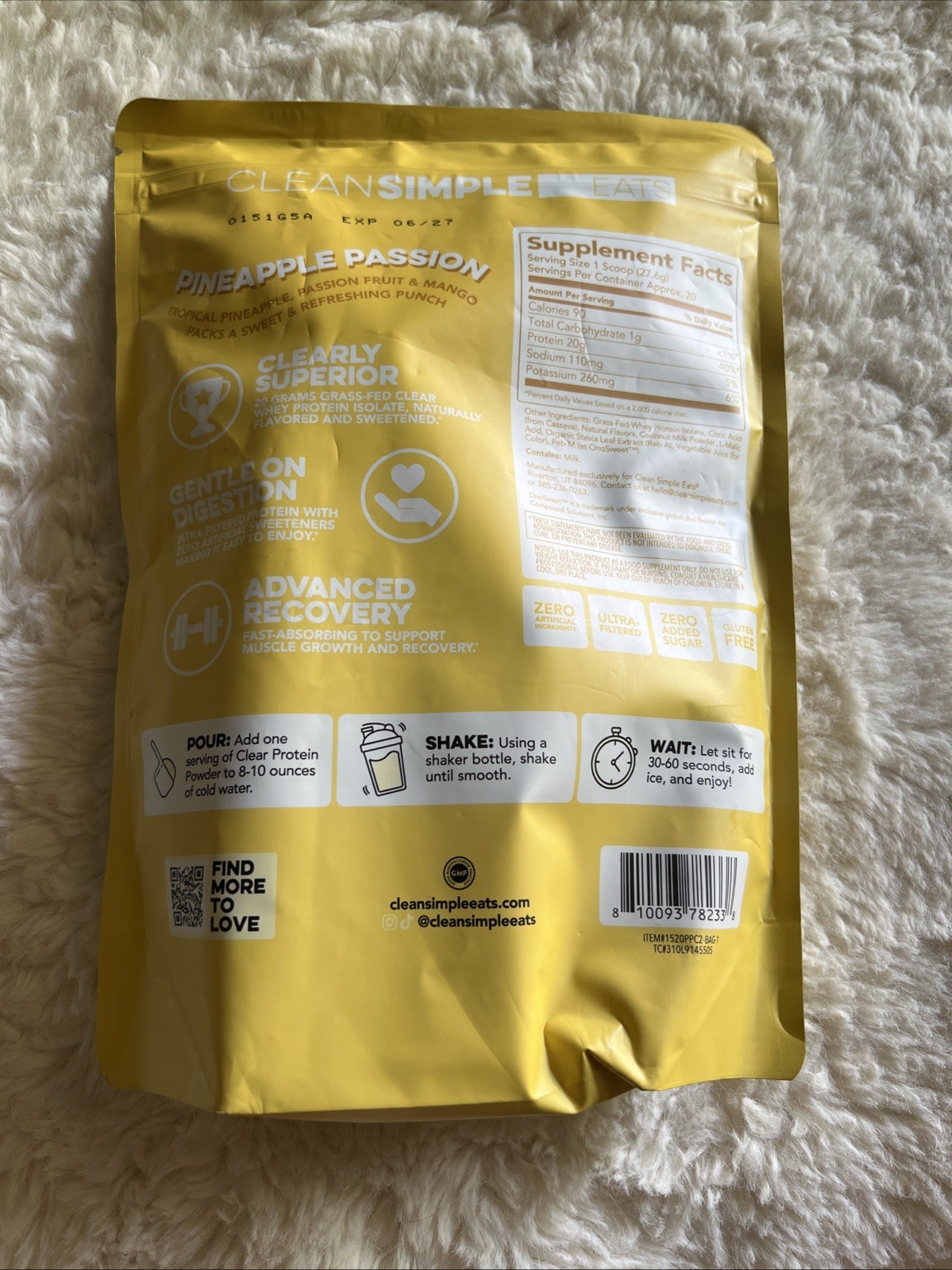 Clean Simple Eats Whey Protein Powder Pineapple Passion Grass Fed 19.5 oz