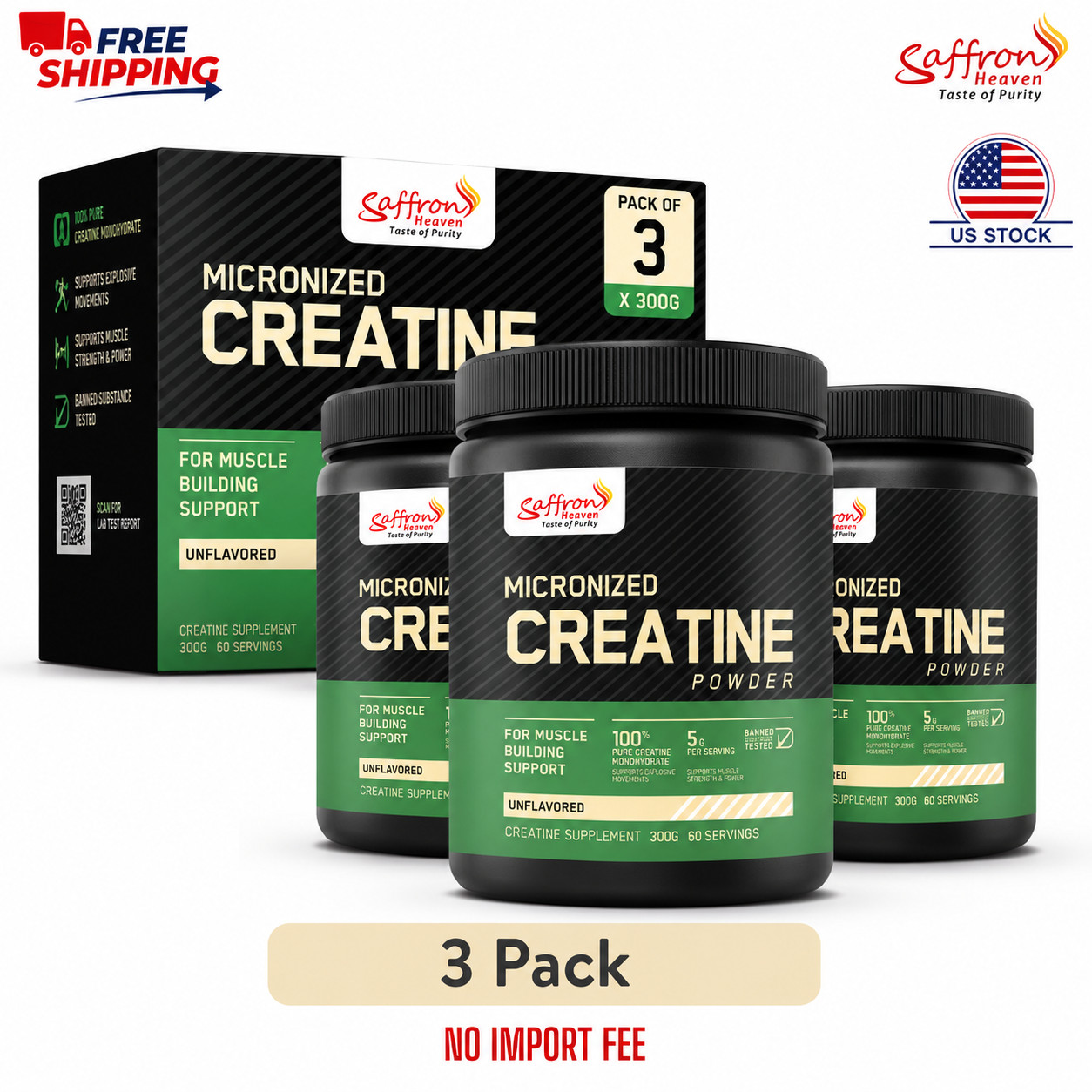 3PACK SAFFRON HEAVEN MICRONIZED CREATINE MONOHYDRATE POWDER 300G | UNFLAVORED