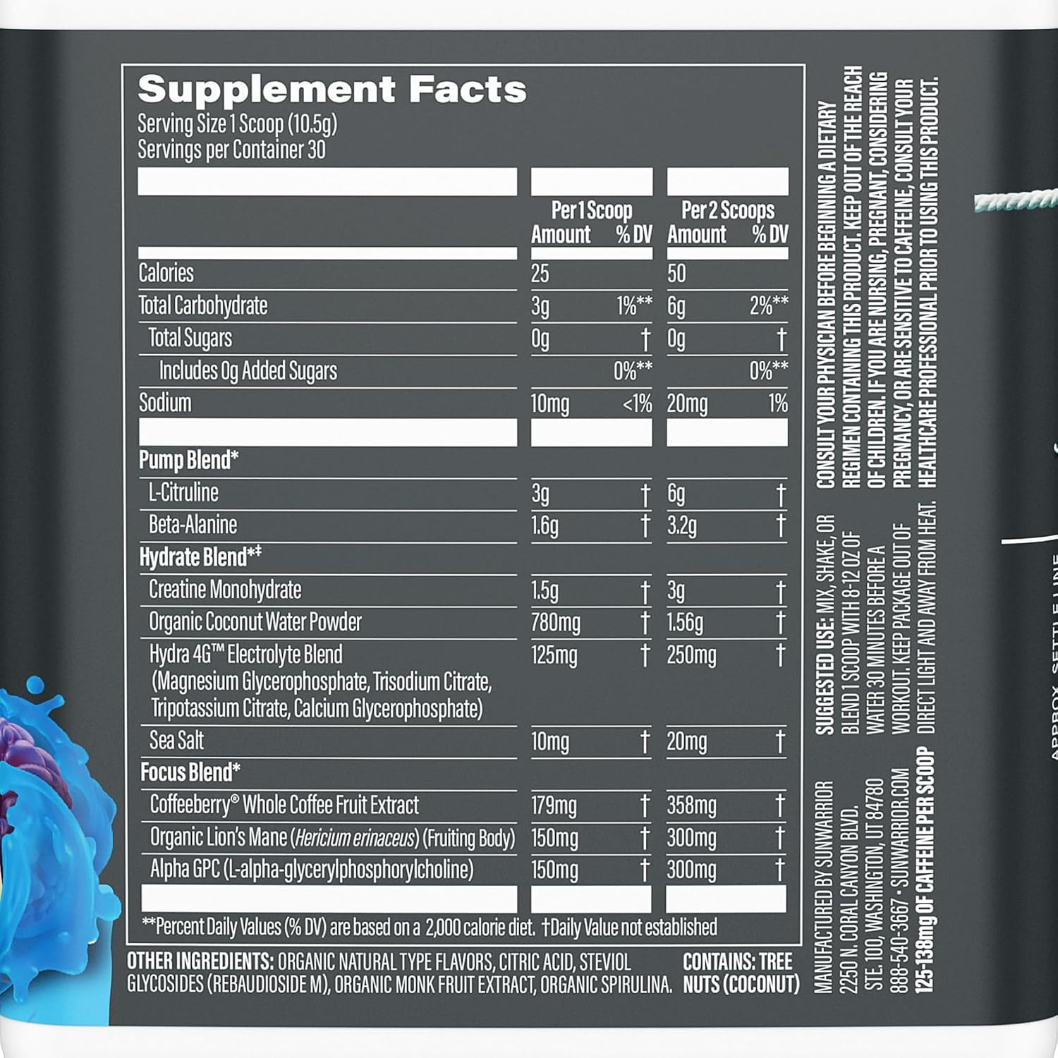 Sunwarrior Active Pre Workout Powder Blue Raspberry Pineapple 30 Servings Vegan.