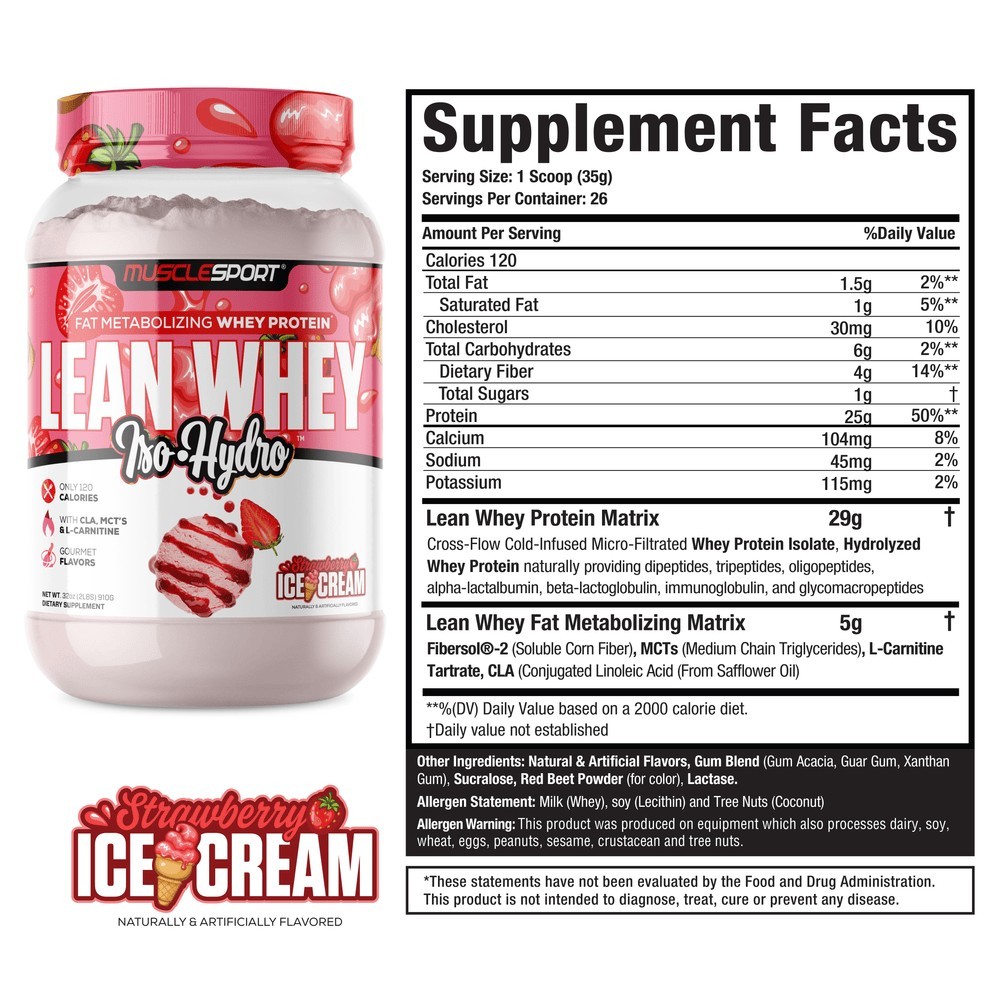 MuscleSport Lean Whey Iso-Hydro Protein Powder Strawberry Ice Cream 2 lbs