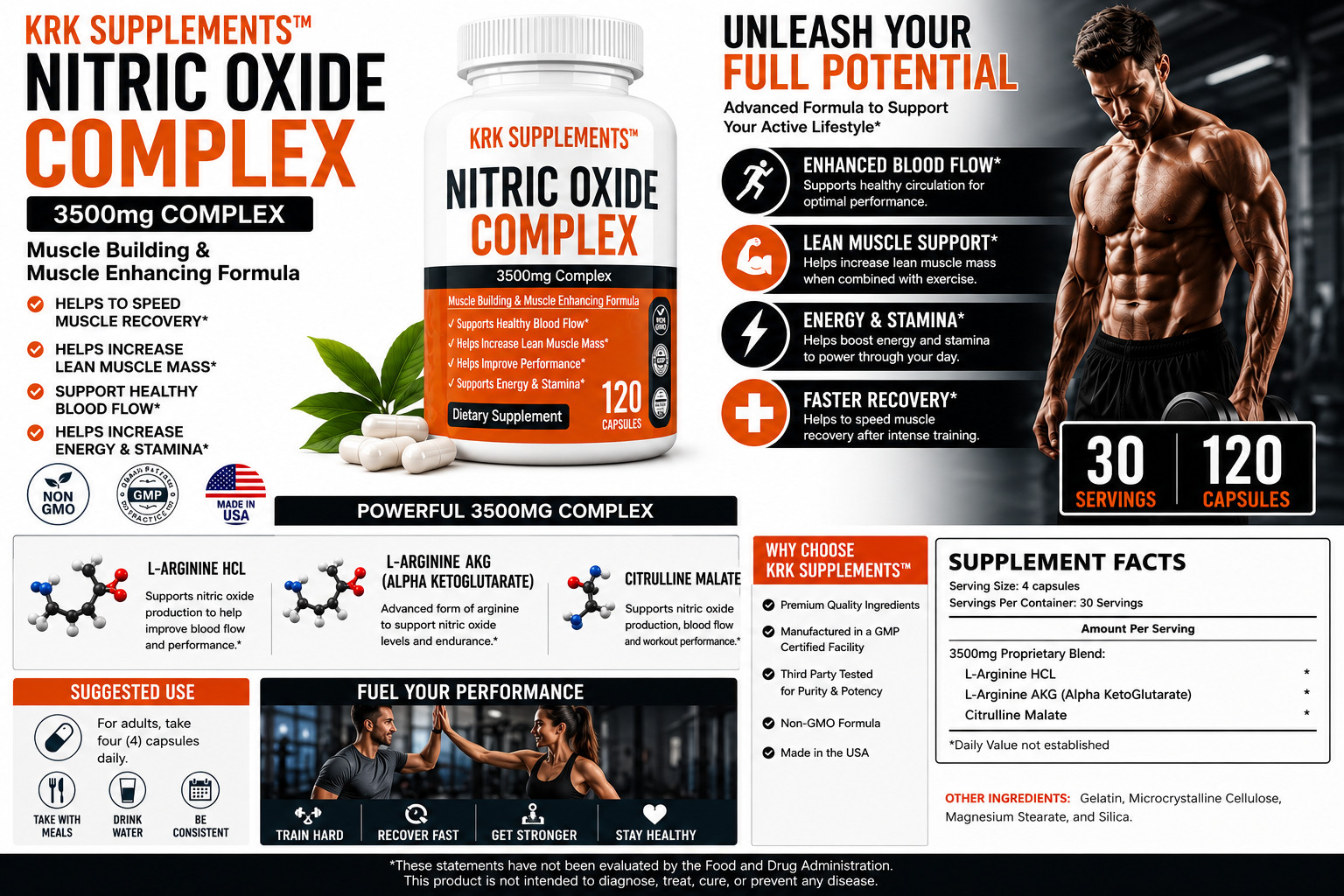 1 pk Nitric Oxide Complex 3500mg L-Arginine AAKG Muscle Pump Growth Pills