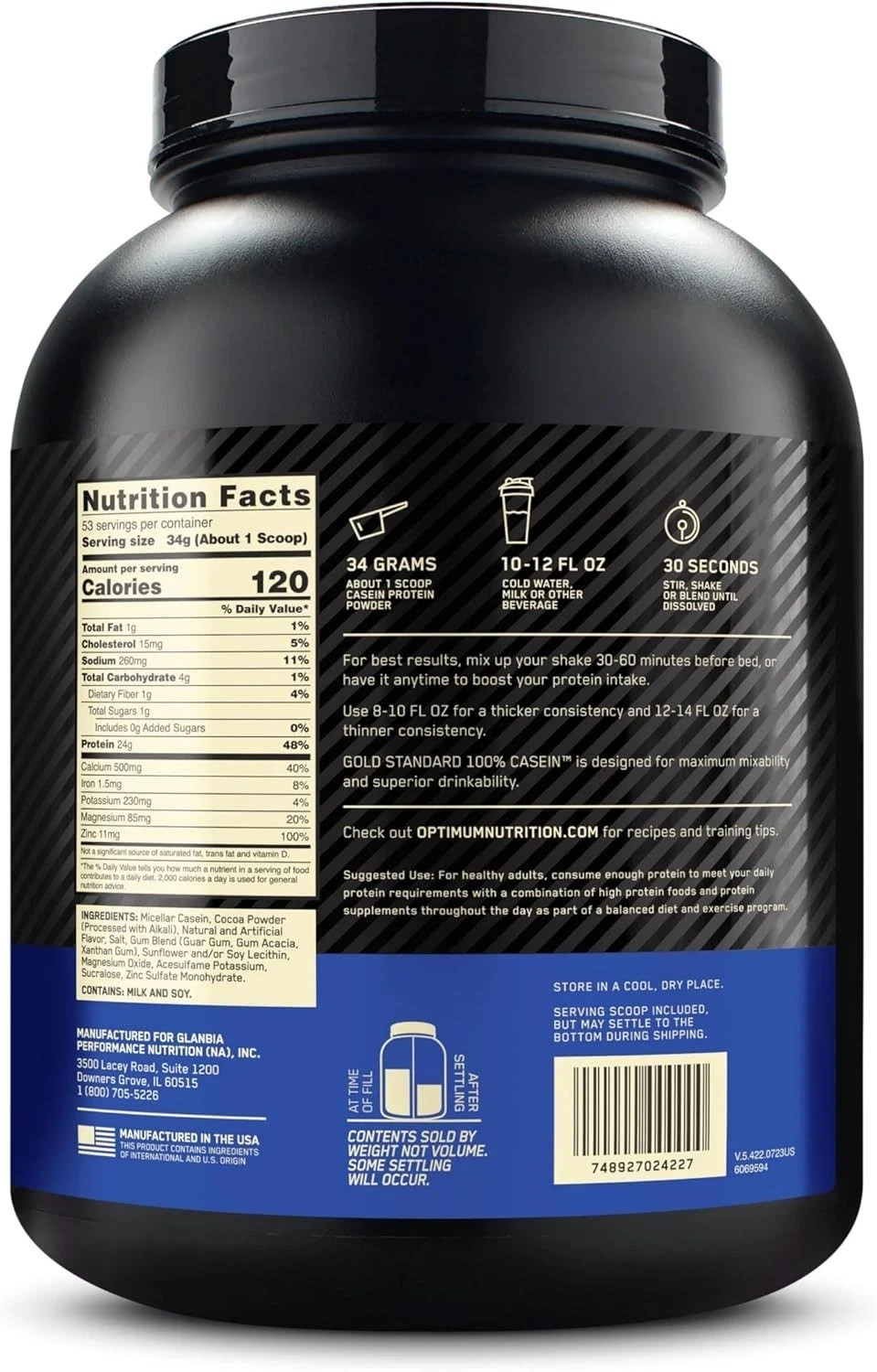 Optimum Nutrition 100% Gold Standard Casein Protein Chocolate Supreme 4 lbs