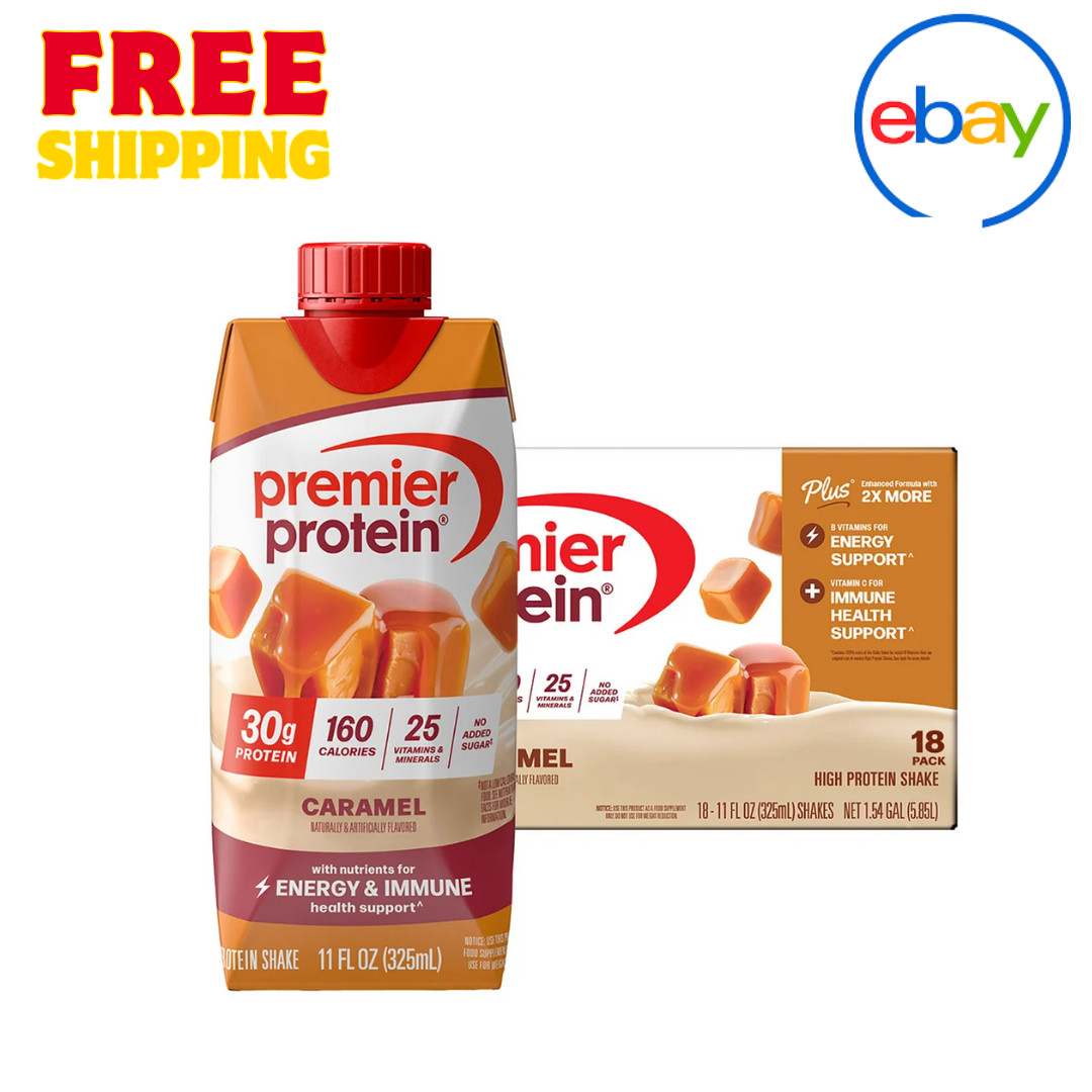 Premier Protein PLUS 30g Shakes, Caramel 11 fl oz, 18-Pack – Energy & Immunity