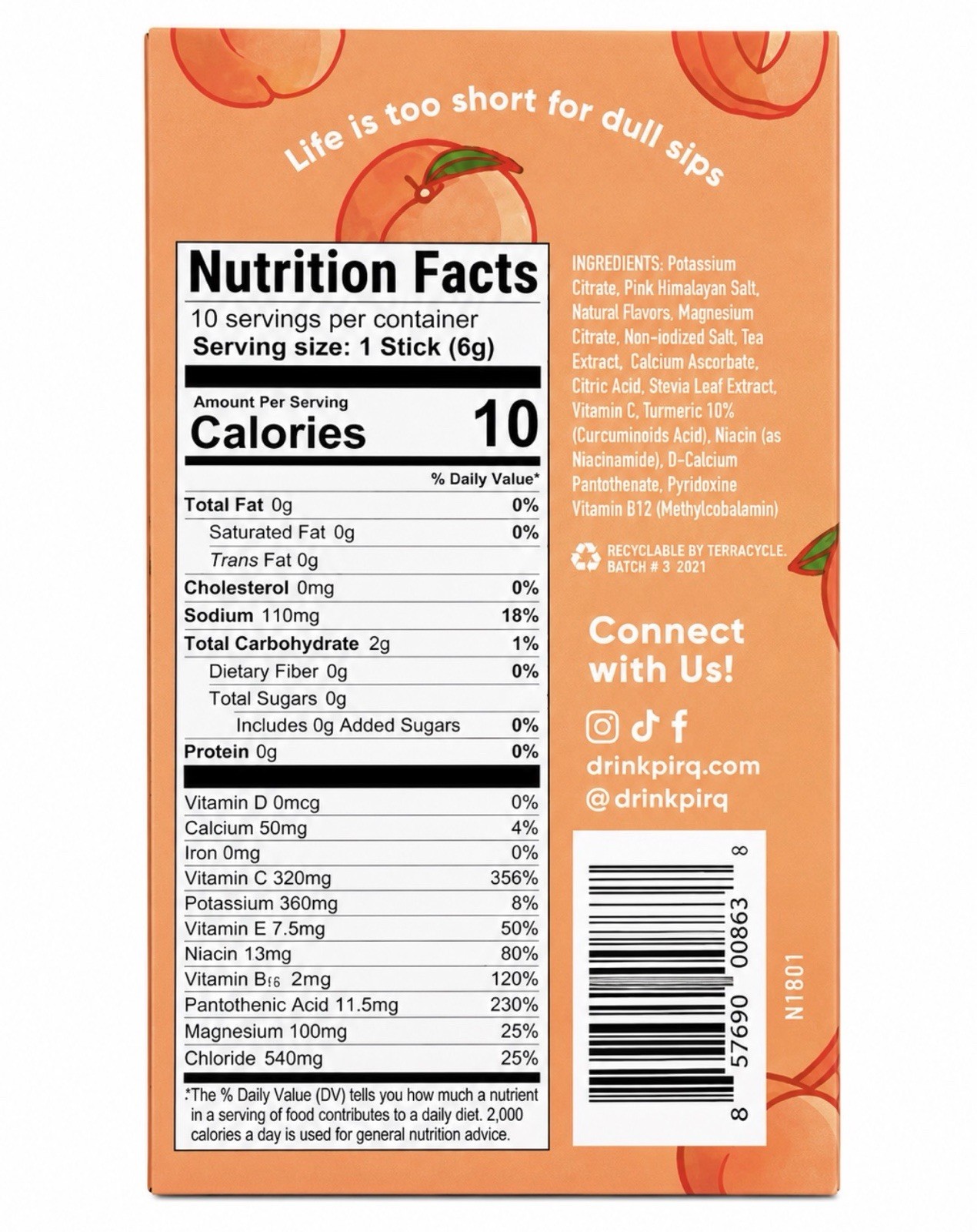 Pirq Hydration Electrolyte Powder + Curcumin, Peach Tea, 10ct 2.1oz 08/2027