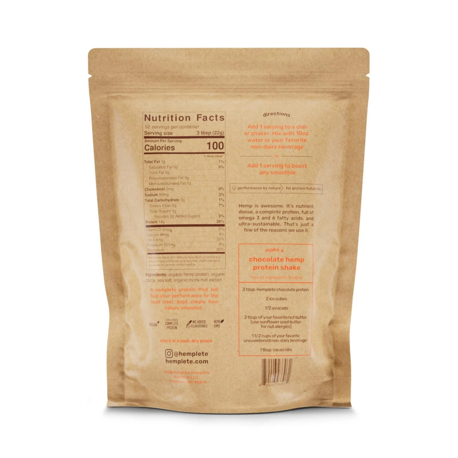 hemplete Organic Vegan Hemp Heart Protein Powder Plant-Based Chocolate Powder…