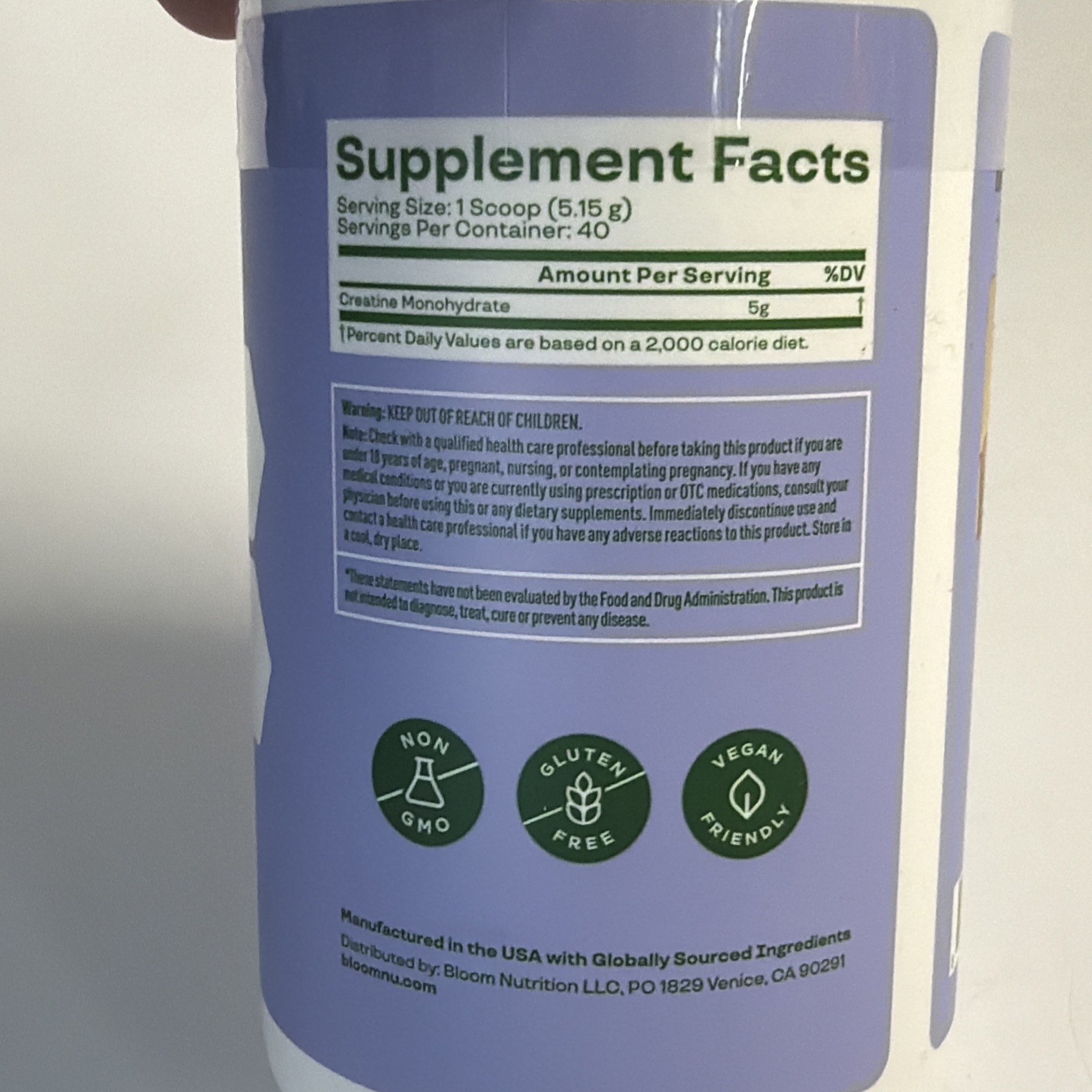 Bloom Nutrition Creatine Monohydrate Supplement Powder Unflavored 40 Svgs 05/27