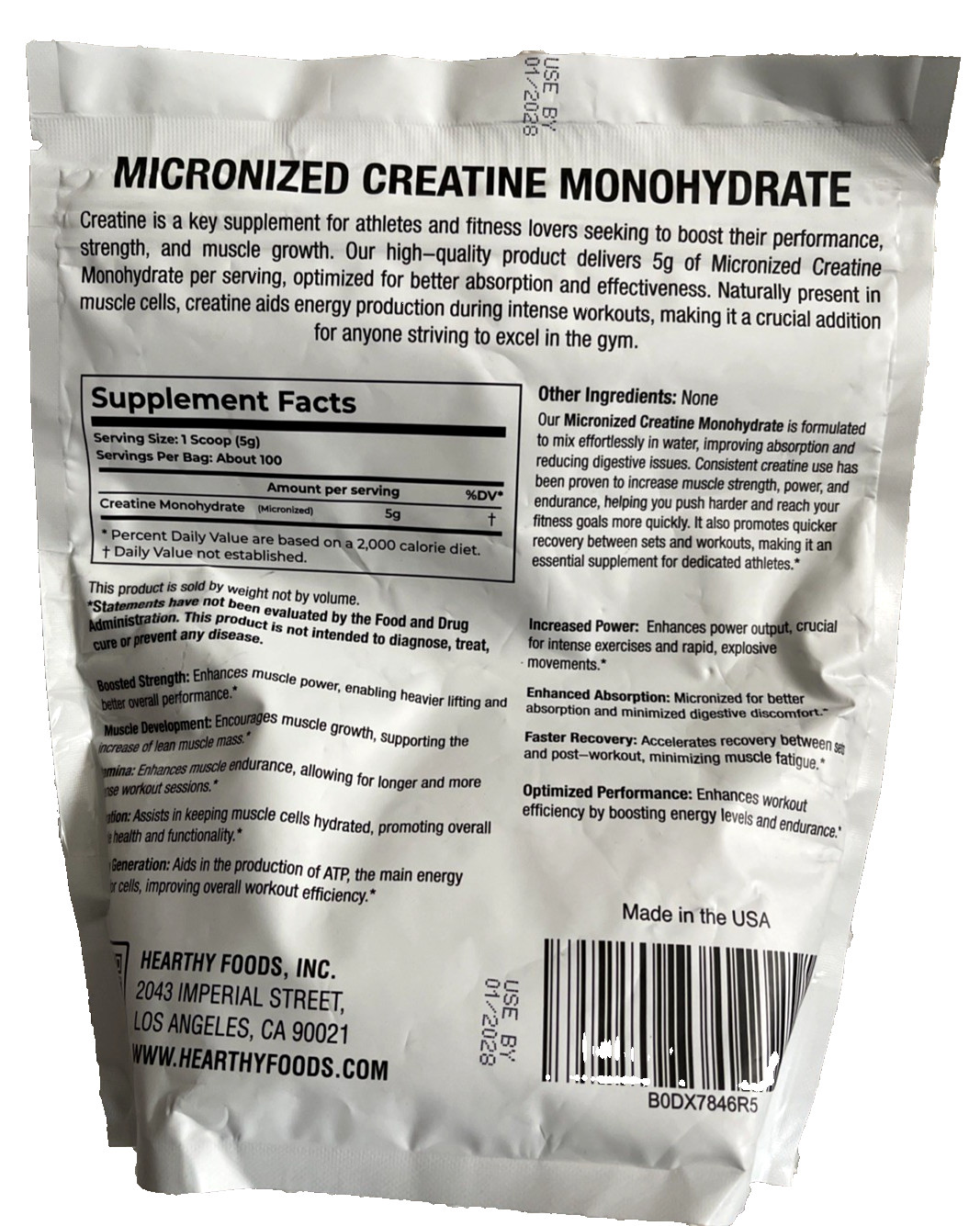 Hearthy Foods Creatine Monohydrate Micronized 500G/ 100 Servings Exp: 1 /28