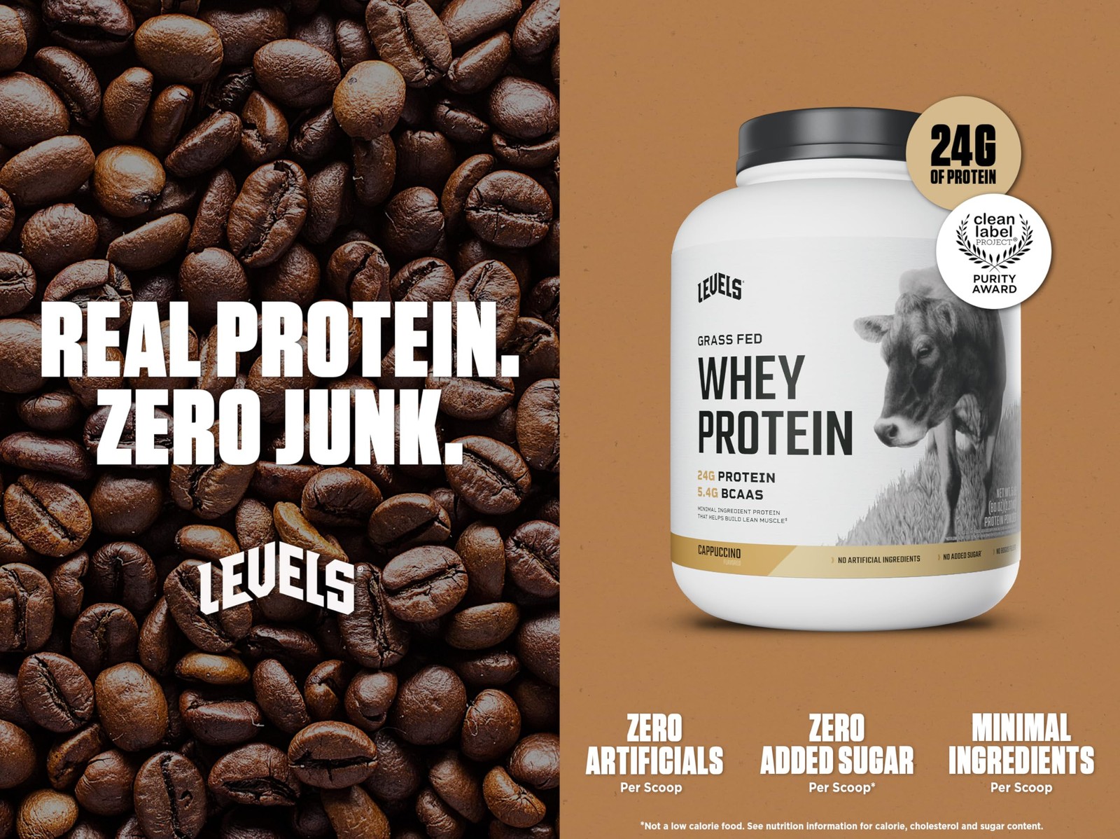 Levels Grass Fed Whey Protein Powder No Artificials 24G of Protein Cappuccino…