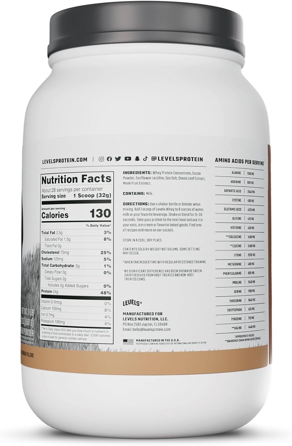Levels Grass Fed Whey Protein Powder, 24G of Protein, Pure Chocolate, 2LB