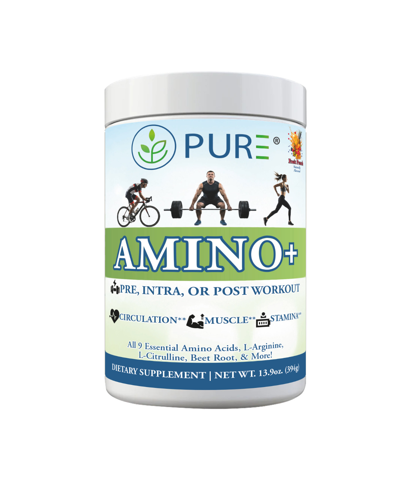PURE Sport Amino+ All 9 essential Amino Acids (501g, 30 servings) Fruit Splash!