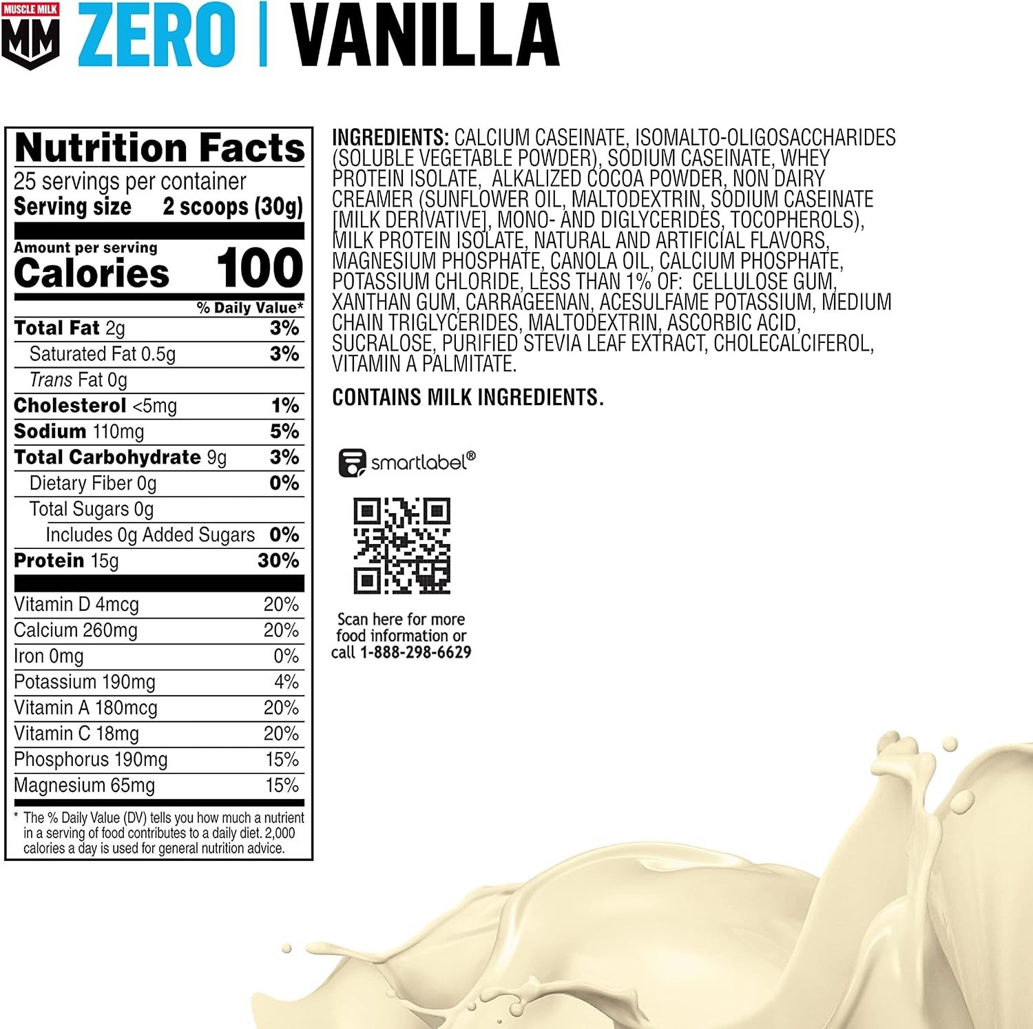 Muscle Milk ZERO 100 Calorie Protein Powder Vanilla 15g Protein 1.65 Pound 25