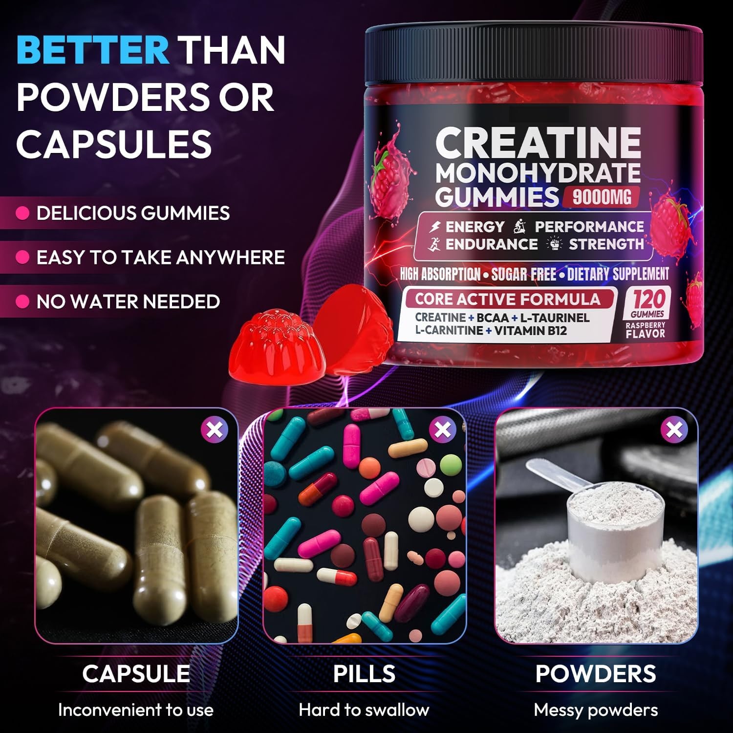 Cytona Creatine Gummies Monohydrate Complex 9000MG, Pre-Workout for Men & Women,