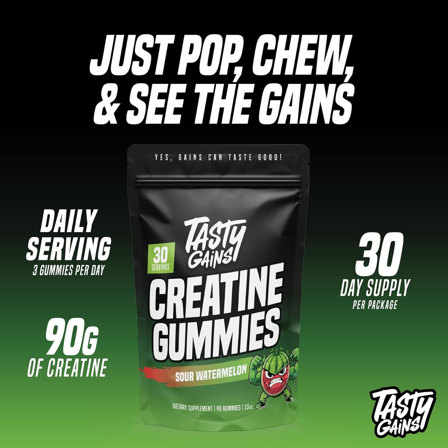 TASTY GAINS Creatine Gummies, 90g of Creatine, Non-GMO, Vegan – Build Muscle & B