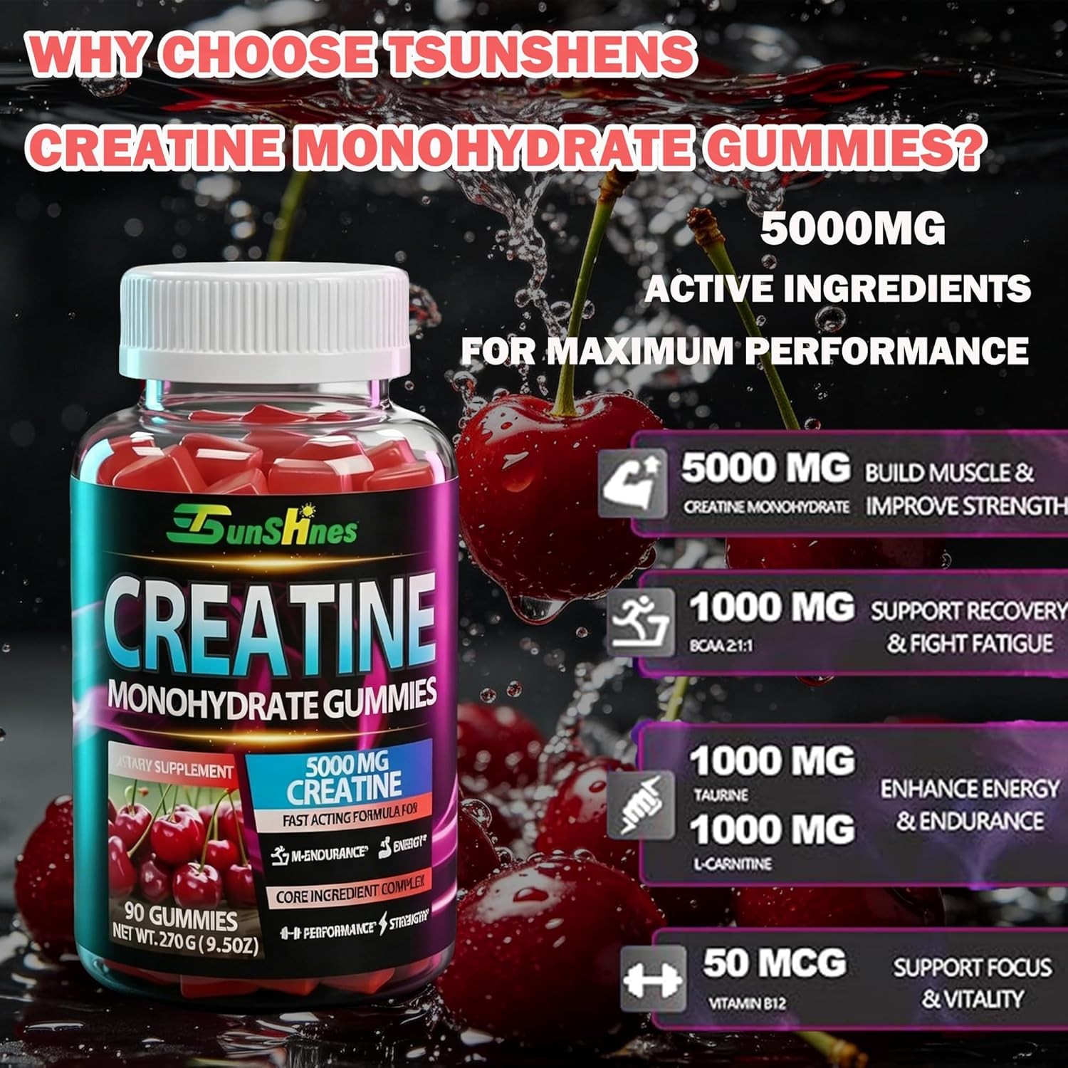 Creatine Monohydrate Gummies 5g (5000mg), Sugar-Free Creatine, Pre-Workout Energ