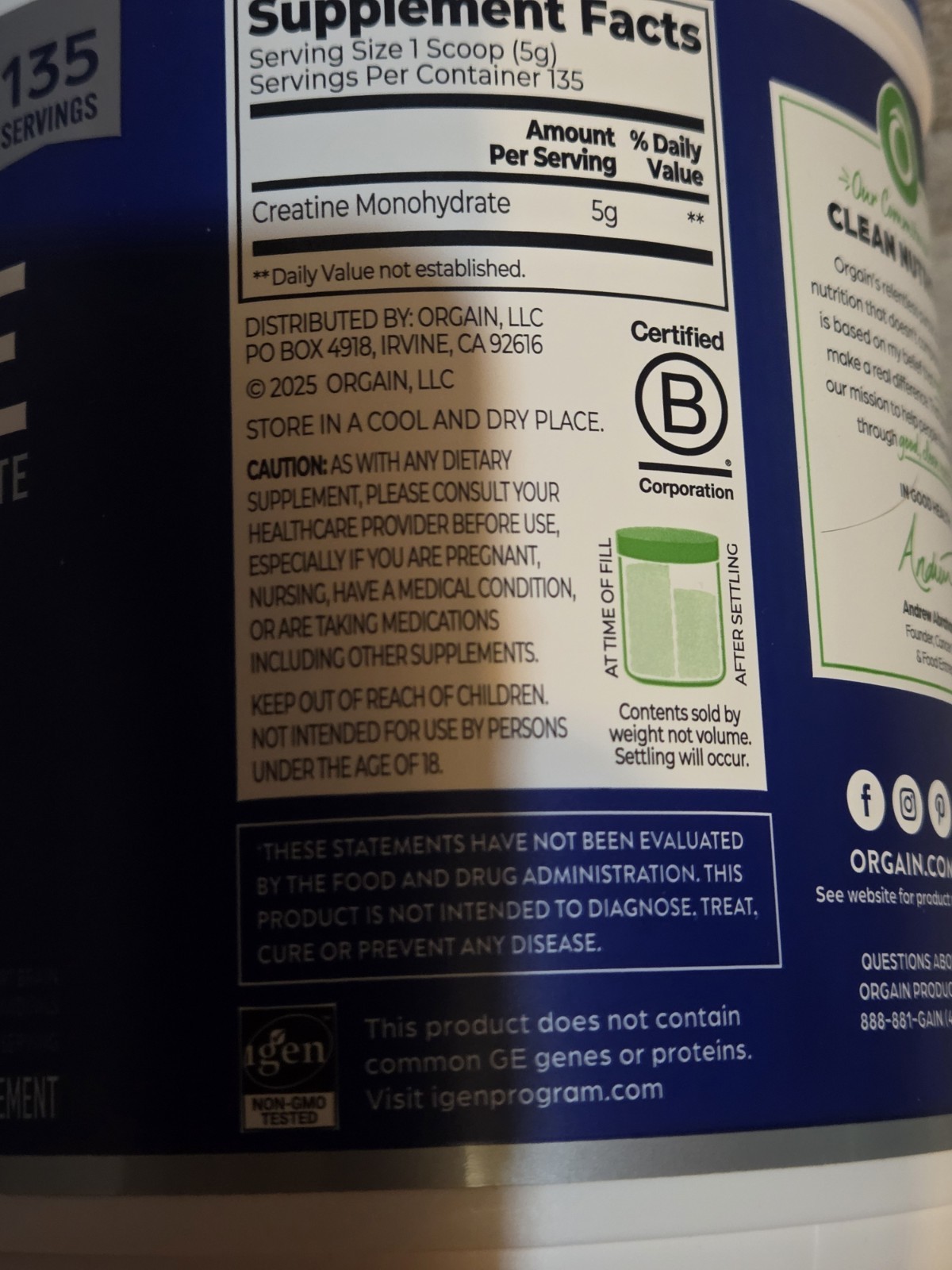 New Orgain Creatine Monohydrate Muscle Brain Unflavored 135 Serving 23.8 Oz