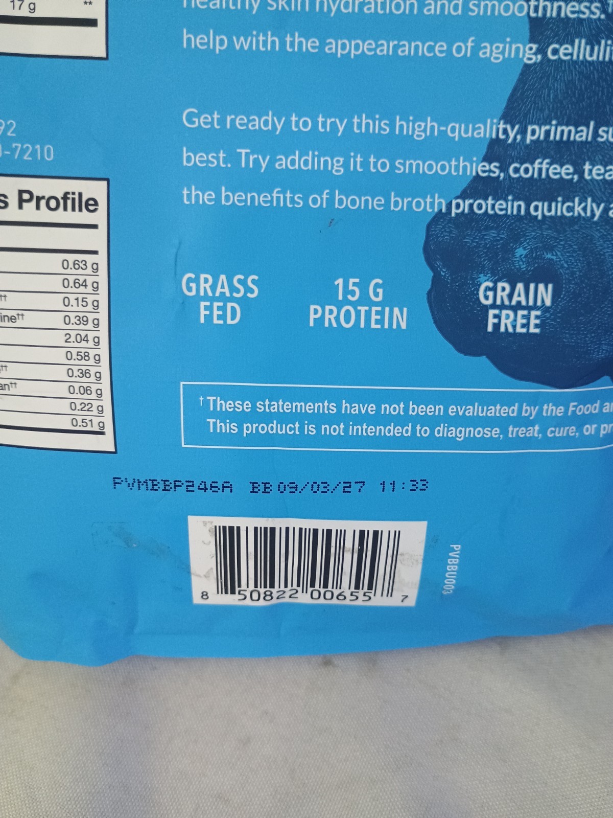 Paleo Valley 100% Grass Fed Bone Broth Protein Pure Unflavored 1.12 Lbs. BB 9/27