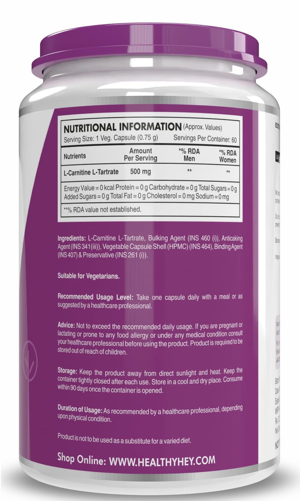 HealthyHey L Carnitine L Tartrate Fat Metabolism Capsules