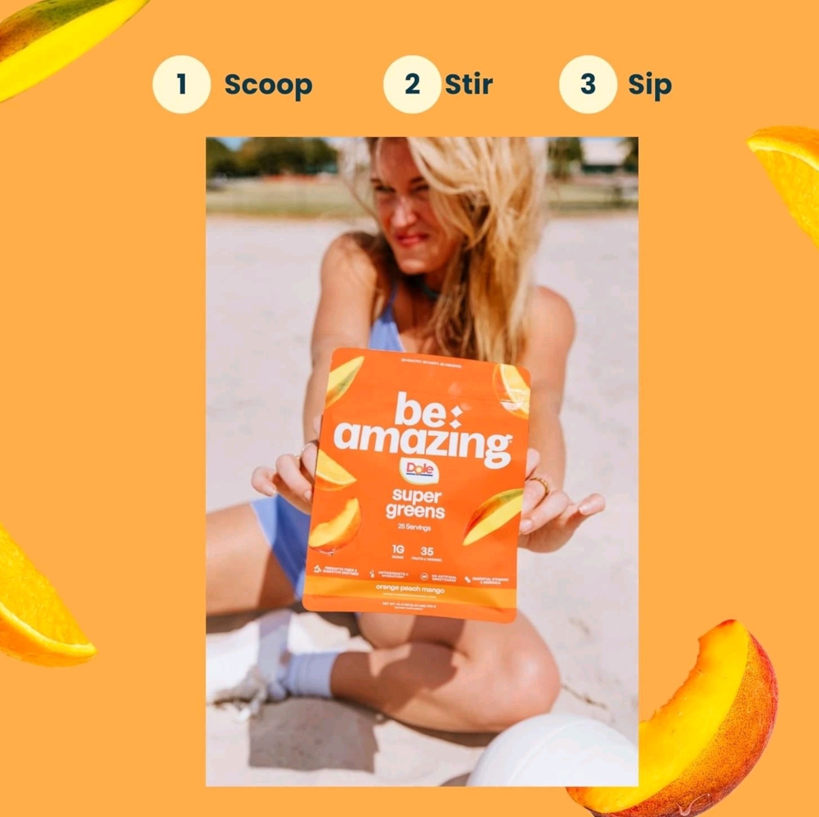 BE Amazing SUPER GREENS 11 oz (25 Serv) Natural Orange Peach Mango BESTBY 10/26