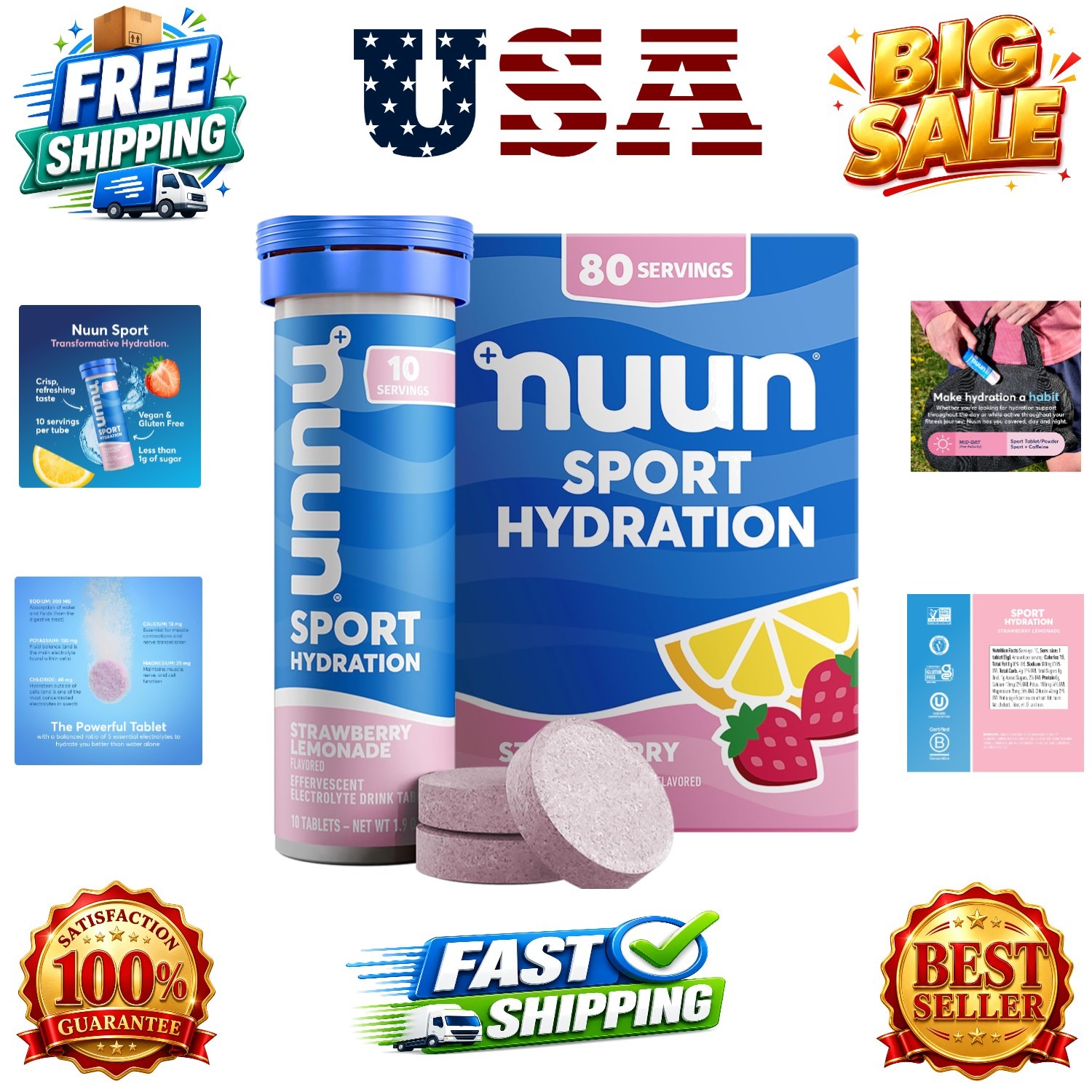 Sport Electrolyte Tablets, Strawberry Lemonade, GF & , 8 Pack | 80 Servings w…