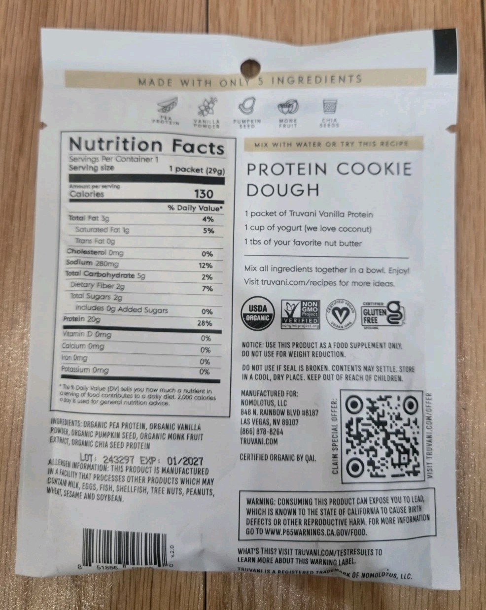 Truvani Plant Based Vanilla Protein Powder Organic 1.02 oz 29 gram Exp 1/27 New