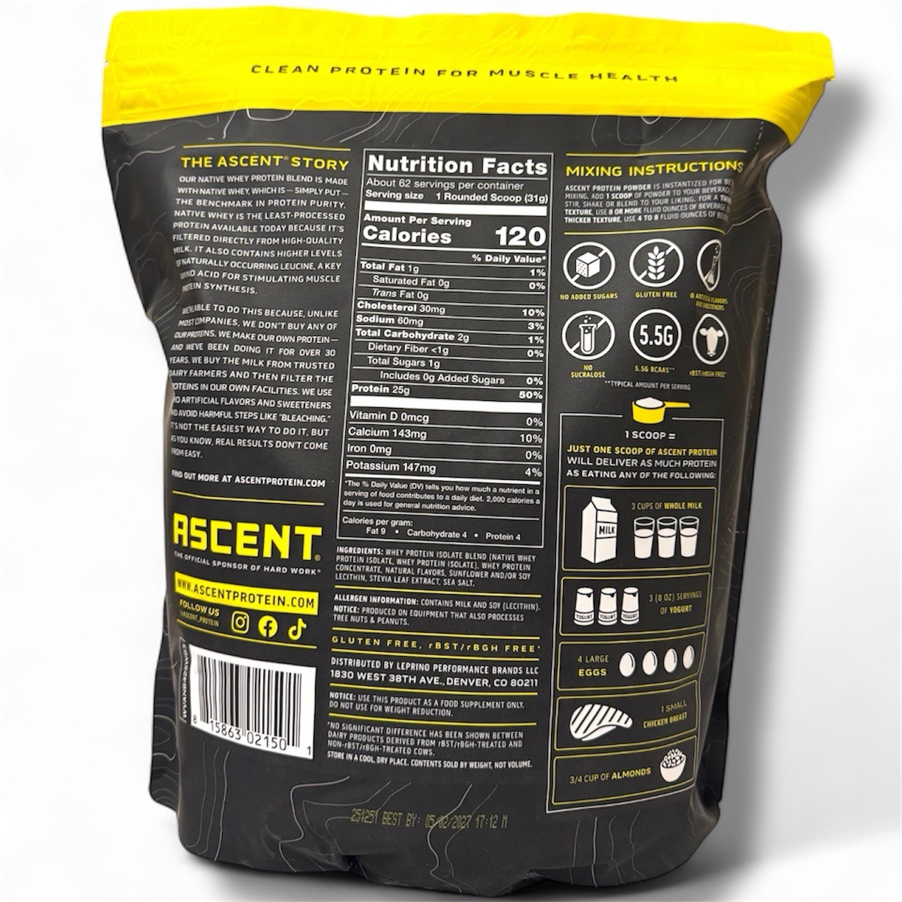 Ascent 100% Whey Protein Blend Vanilla Bean Native 4.25 LBS 62 Servings