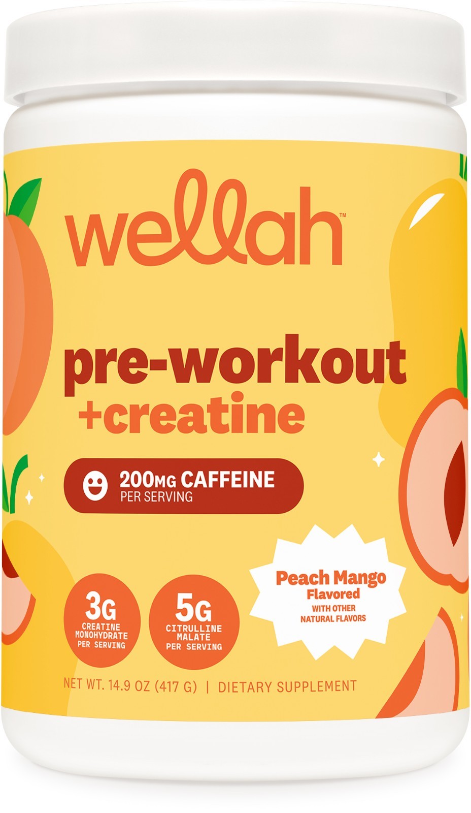 Wellah Pre-Workout + Creatine Powder (30 Servings) Peach Mango – 200mg Caffeine