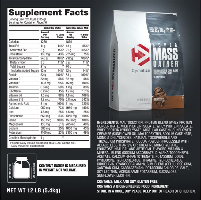 Dymatize Super Mass Gainer, Rich Chocolate, 12 lb, 52g Protein