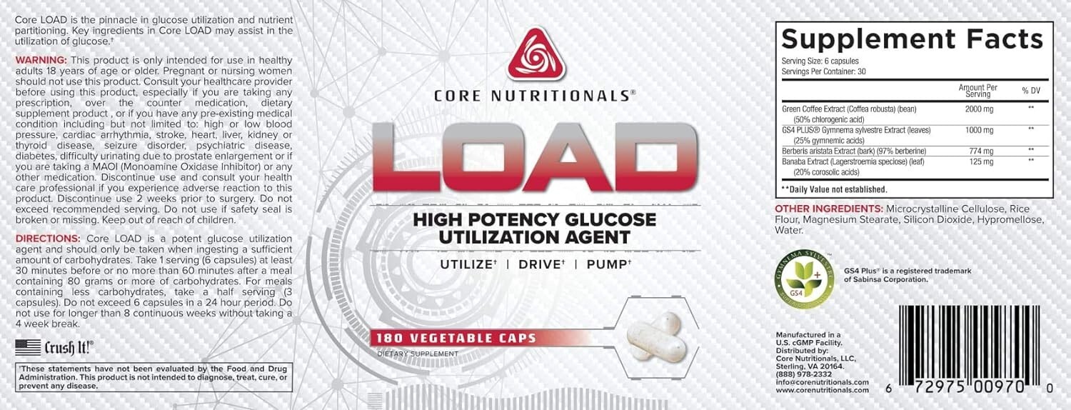 Core Nutritionals LOAD High Potency Glucose Utilization & Pump Agent – 180 caps
