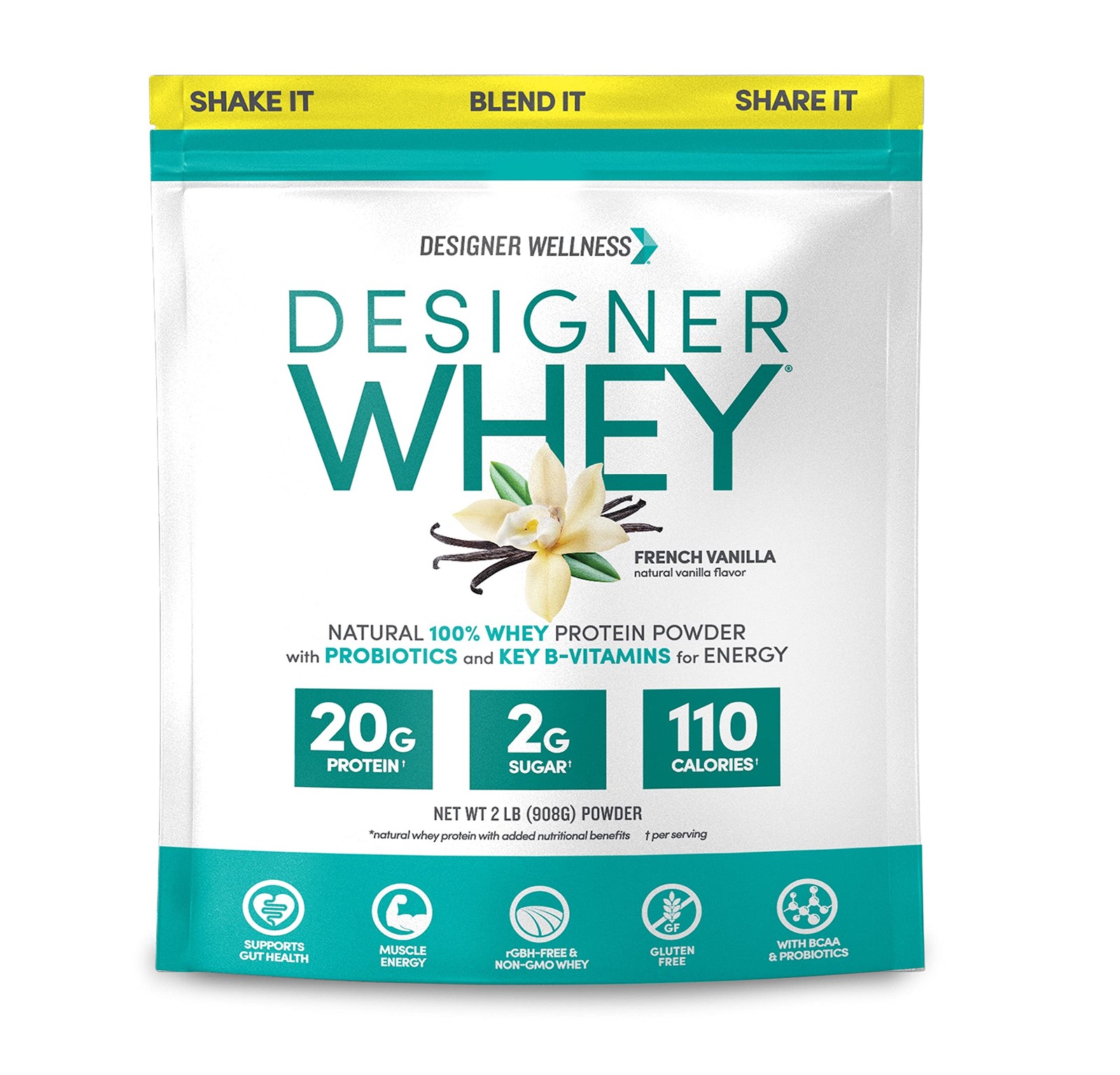Whey Protein Powder 2 lb French Vanilla Probiotics Fiber Designer Wellness