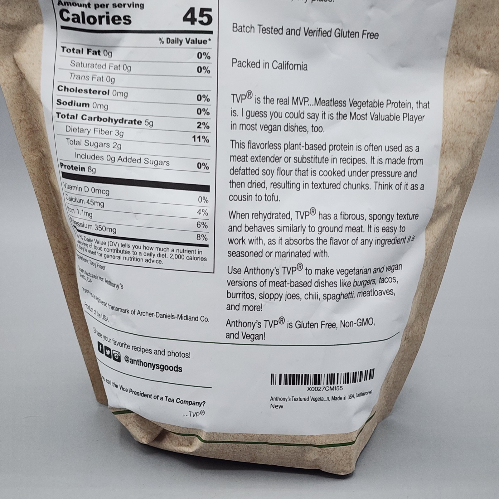 Anty’s Textured Vetable Protein, TVP, 1.5 lb, Gluten Free, Vegan – NEW