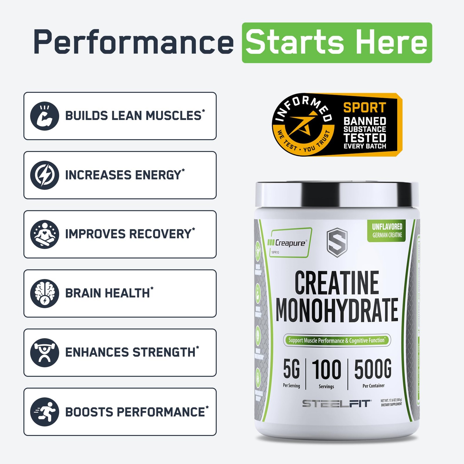 SteelFit Creapure Creatine Monohydrate Powder, 1.1 Pound (Pack of 1)