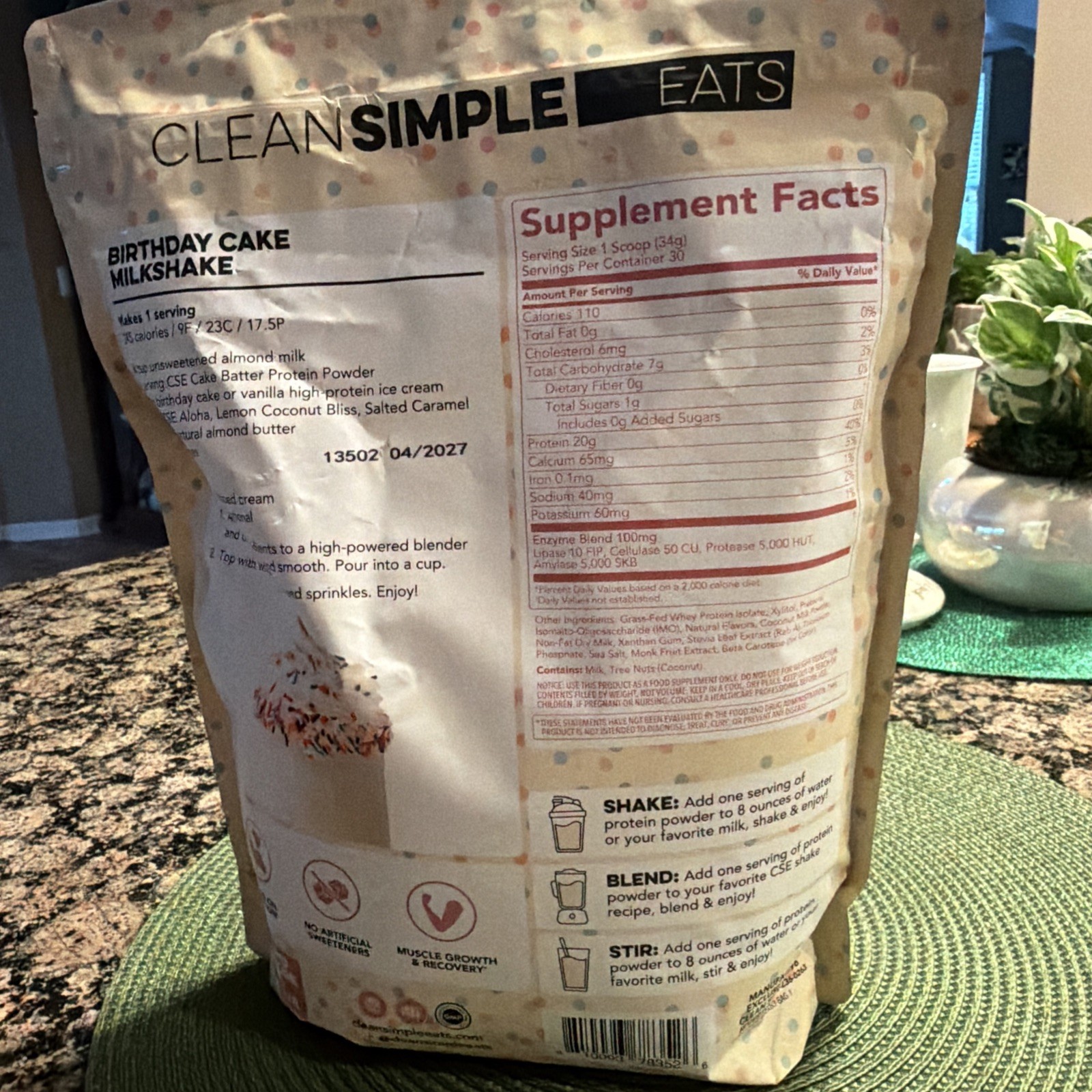 Clean Simple Eats Cake Batter Protein Powder 36 oz / 30 Servings 100% Grass Fed