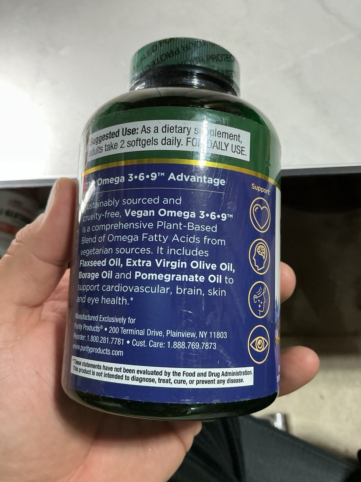 Purity Products Vegan Omega 3-6-9 5 in 1” Essential Fatty Acid – LARGER 180 CT