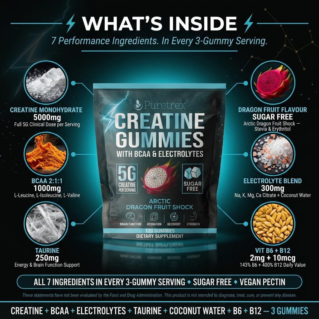 Creatine Gummies Sugar Free Arctic Dragon Fruit 5G per Serving 120 Count
