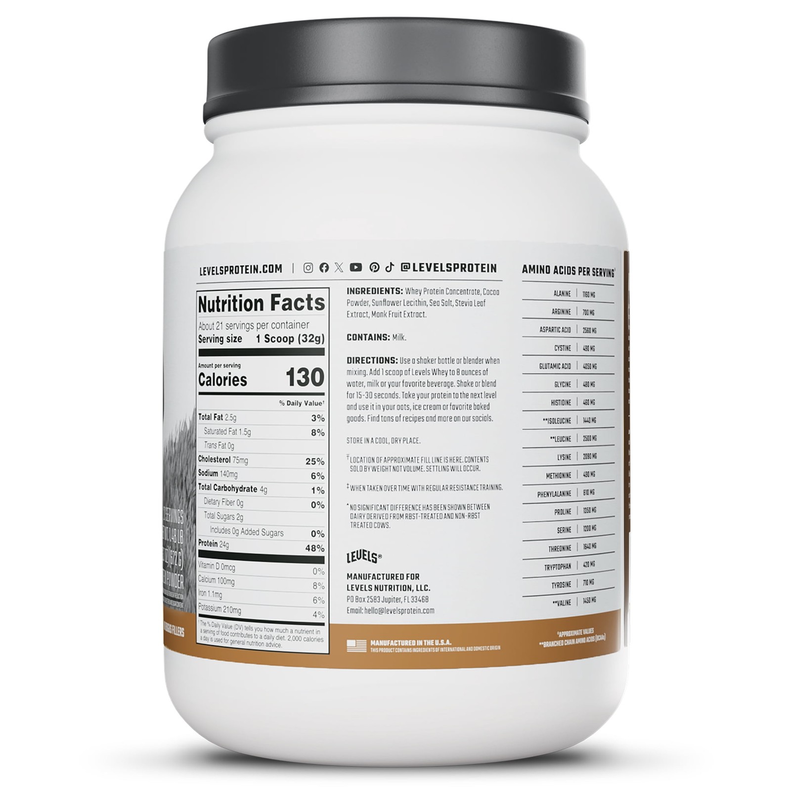 Levels Grass Fed Whey Protein Powder, No Artificials, 24g of Protein, 1.48 lb