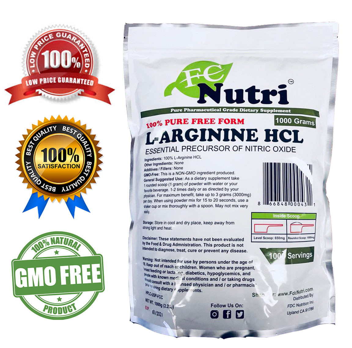 L-Arginine HCL Powder 100%pure 2.2lb (1000 grams) by FDC NUTRITION
