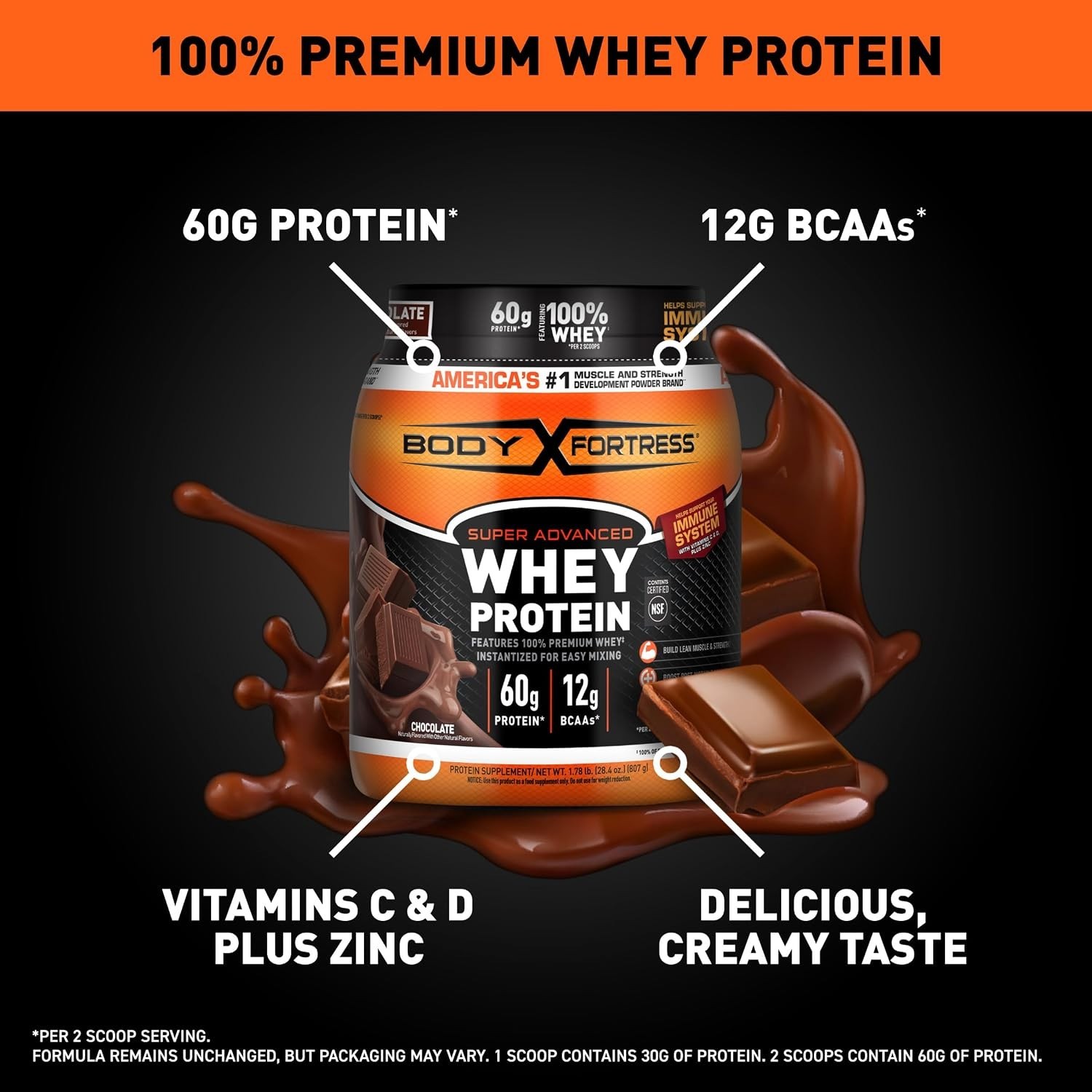 Body Fortress 100% Whey Protein Powder Chocolate 1.78lbs 60g Protein BCAA