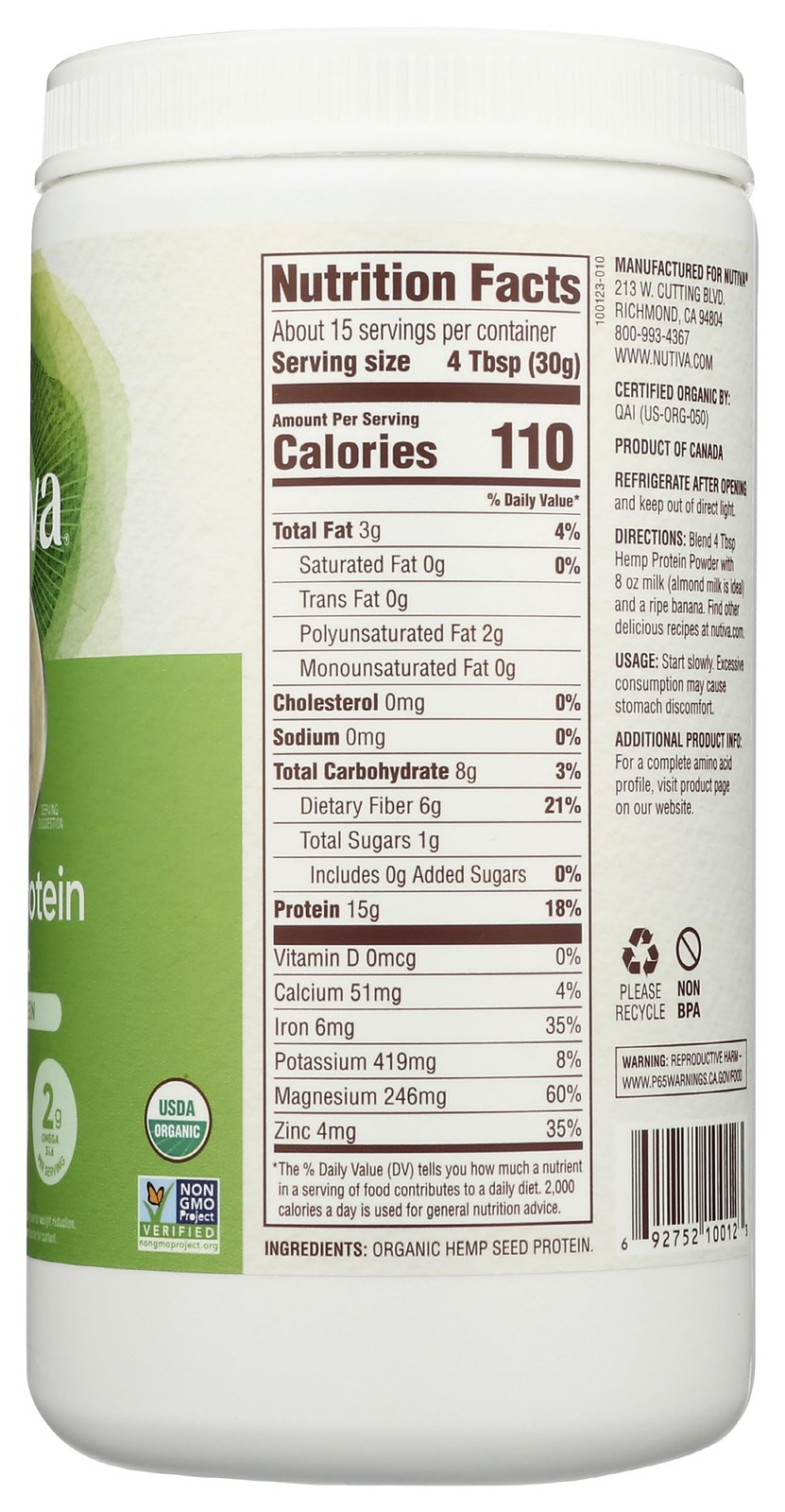 Nutiva Organic Cold-Pressed Raw Hemp Protein Powder, Peak Protein, 16 Oz, USDA