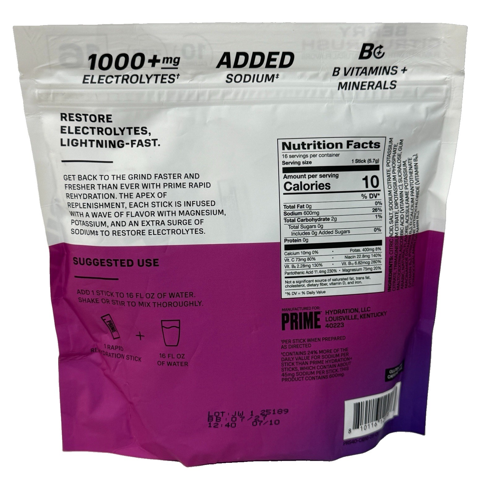 PRIME Electrolyte Hydration Powder Mix 16 Sticks Caffeine-Free Berry Citrus Rush