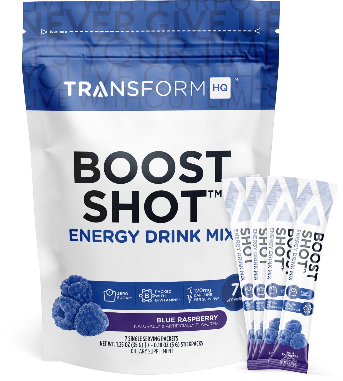 TransformHQ Boost Shot Powder Stick Packets, Blue Raspberry Energy – 7 Pack
